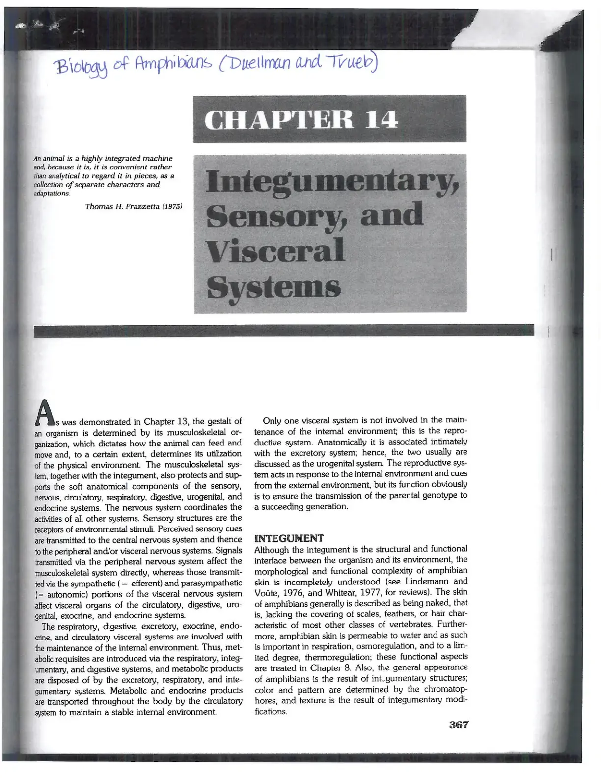 غلاف كتاب Biology of Amphibians (Duellman and Trueb) - Chapter 14: Integumentary, Sensory, and Visceral Systems