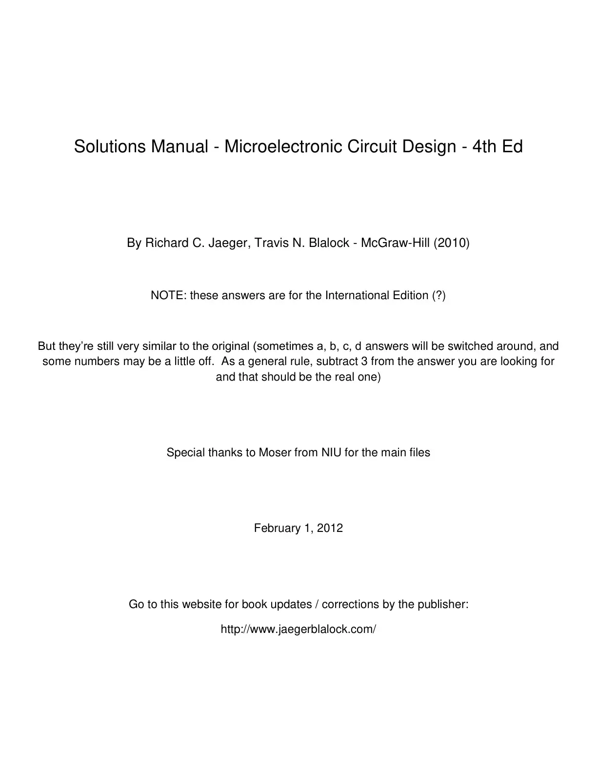 غلاف كتاب Solutions Manual - Microelectronic Circuit Design - 4th Ed