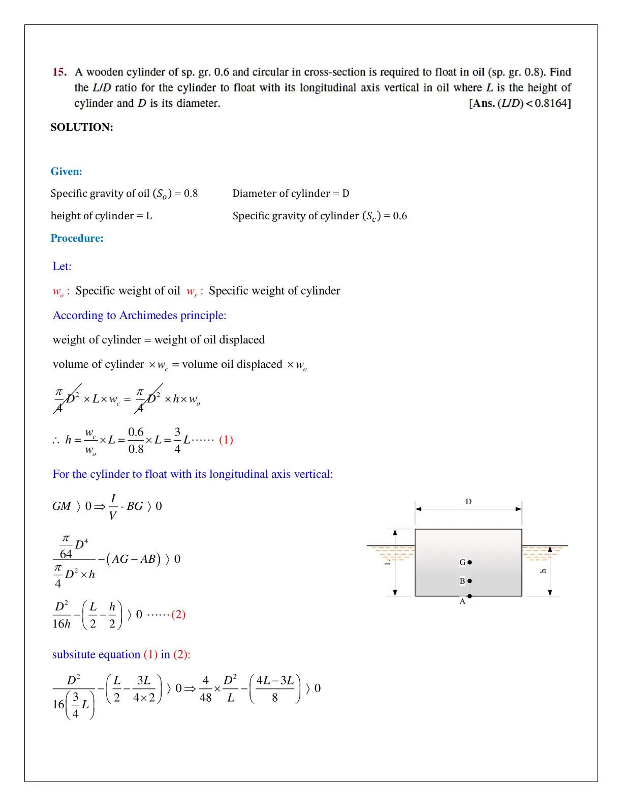 غلاف كتاب Find the L/D ratio for the cylinder to float with its longitudinal axis vertical in oil