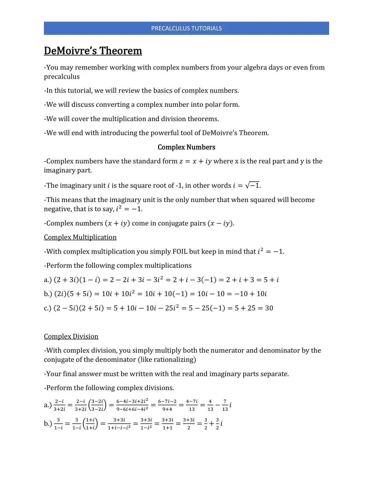 غلاف كتاب Precalculus Tutorials: De Moivre's Theorem
