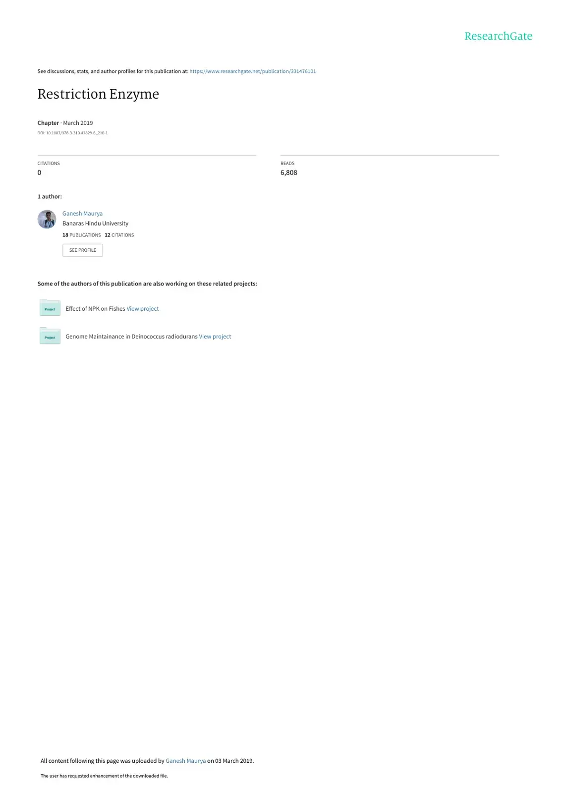 غلاف كتاب Restriction Enzyme