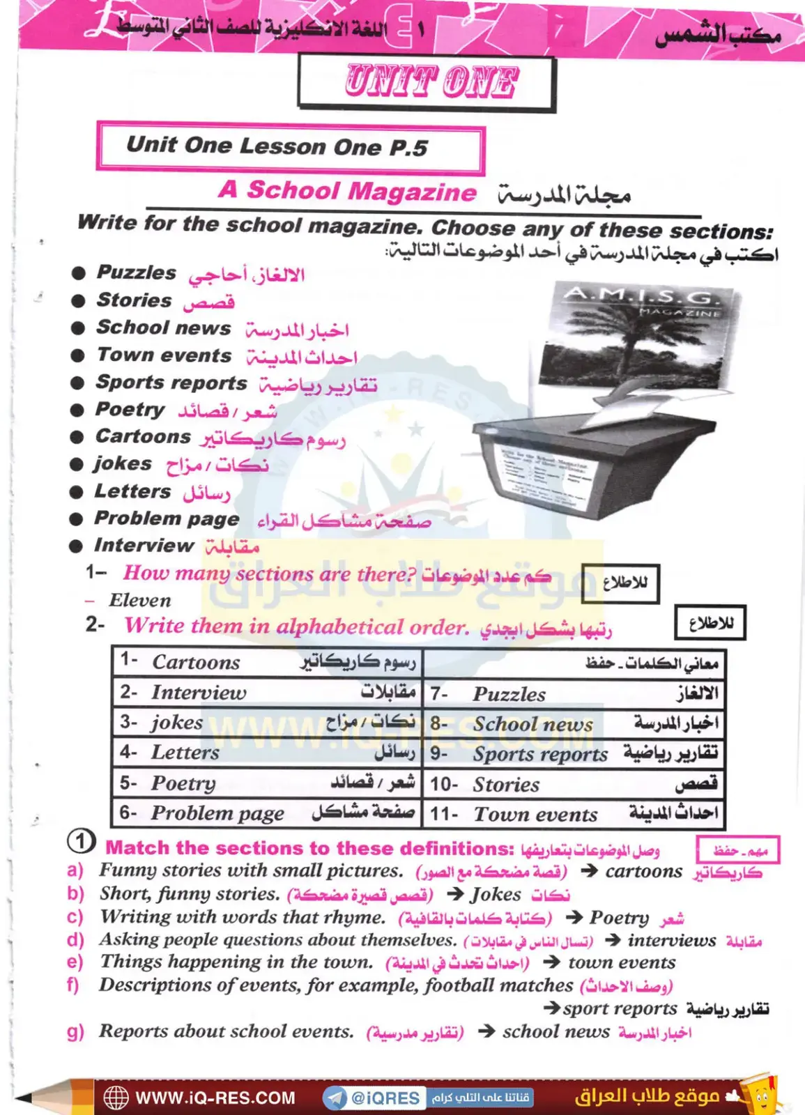 غلاف كتاب اللغة الإنجليزية للصف الثاني المتوسط - Unit One - A School Magazine