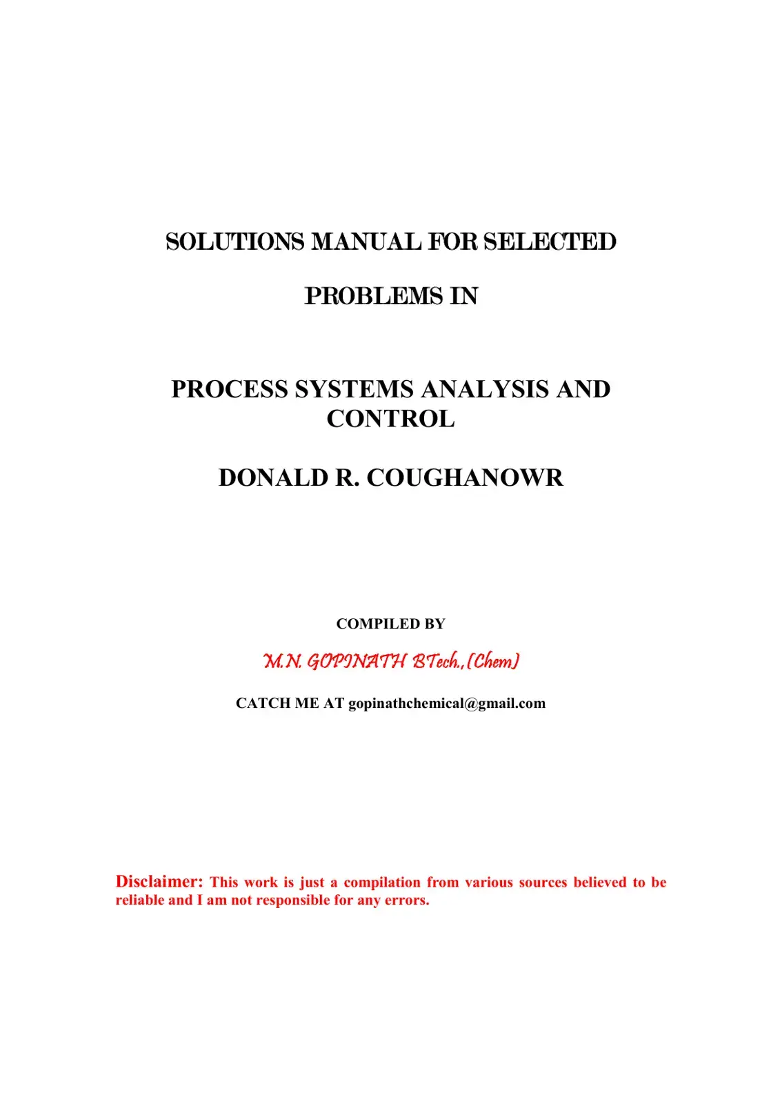غلاف كتاب SOLUTIONS MANUAL FOR SELECTED PROBLEMS IN PROCESS SYSTEMS ANALYSIS AND CONTROL