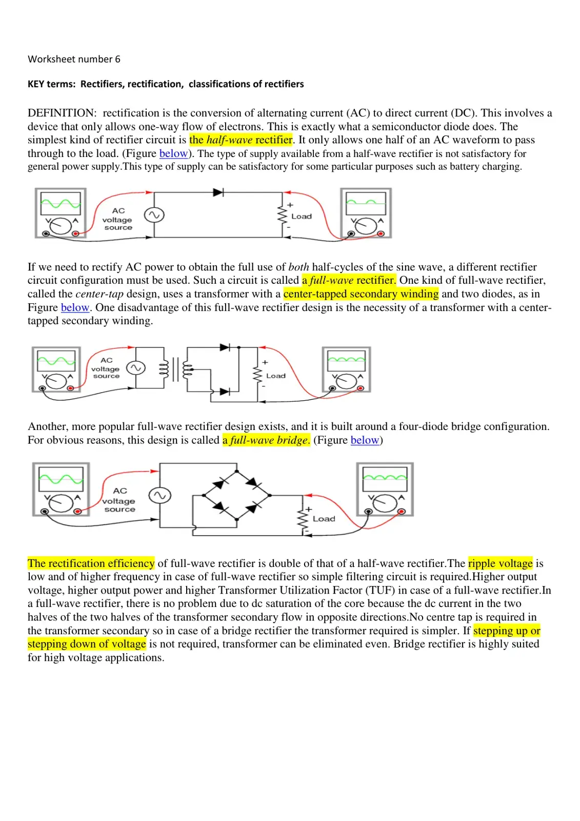 غلاف كتاب Worksheet Number 6: Key Terms - Rectifiers, Rectification, Classifications of Rectifiers