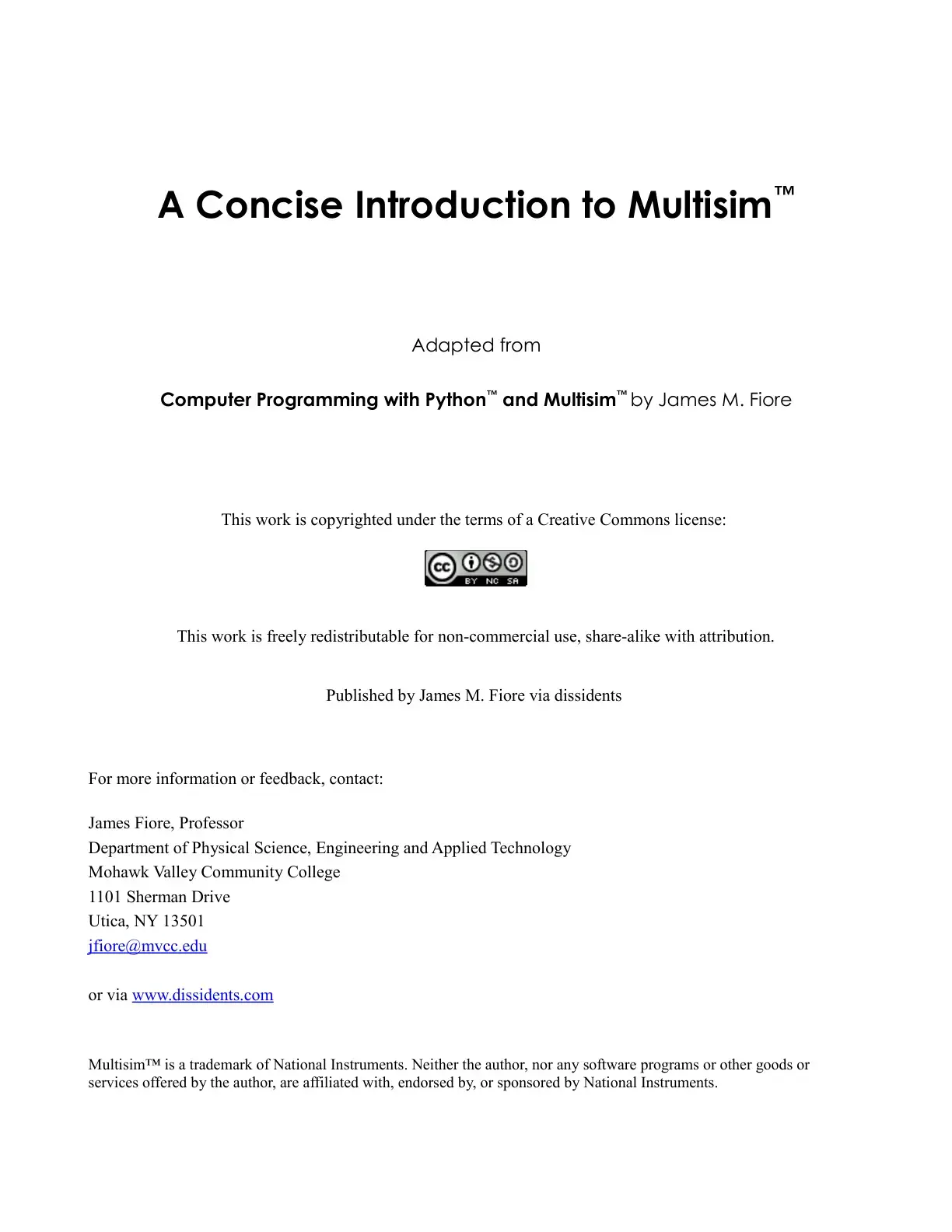 غلاف كتاب A Concise Introduction to Multisim