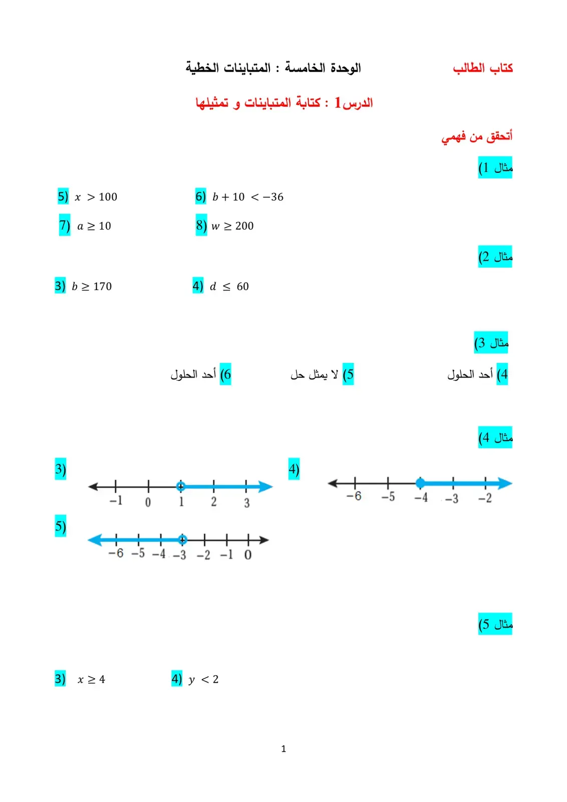غلاف كتاب الوحدة الخامسة: المتباينات الخطية