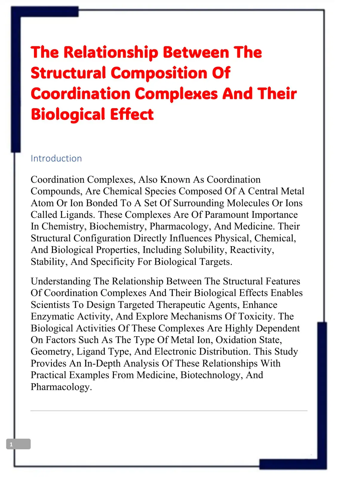 غلاف كتاب The Relationship Between The Structural Composition of Coordination Complexes And Their Biological Effect