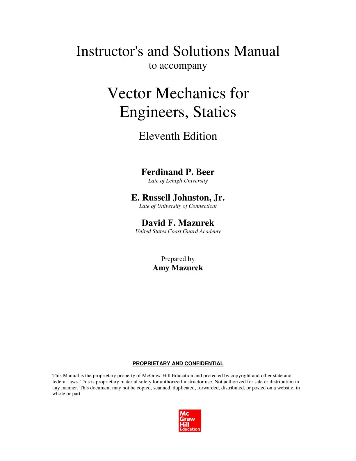 غلاف كتاب Instructor's and Solutions Manual to accompany Vector Mechanics for Engineers, Statics