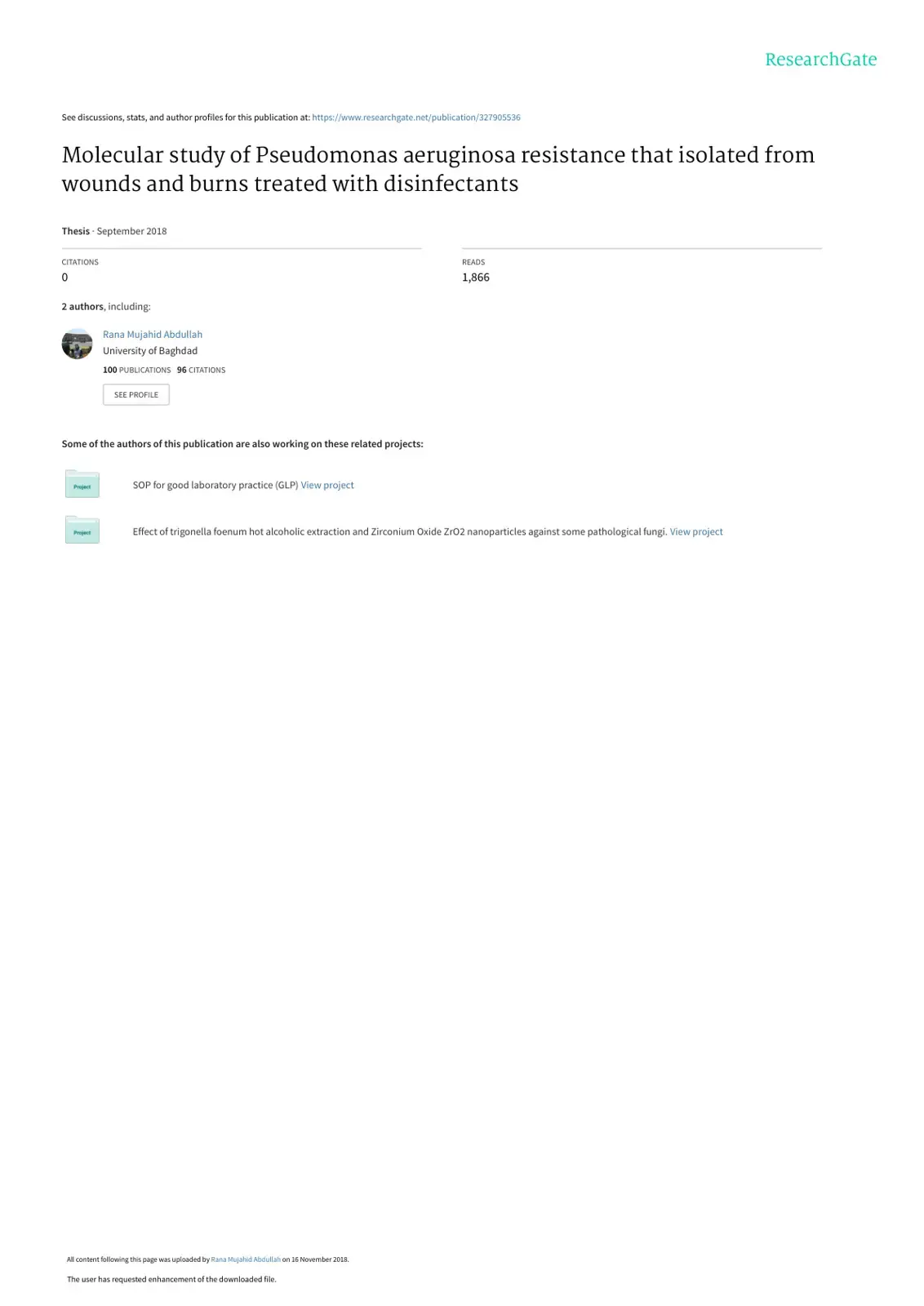غلاف كتاب Molecular study of Pseudomonas aeruginosa resistance that isolated from wounds and burns treated with disinfectants