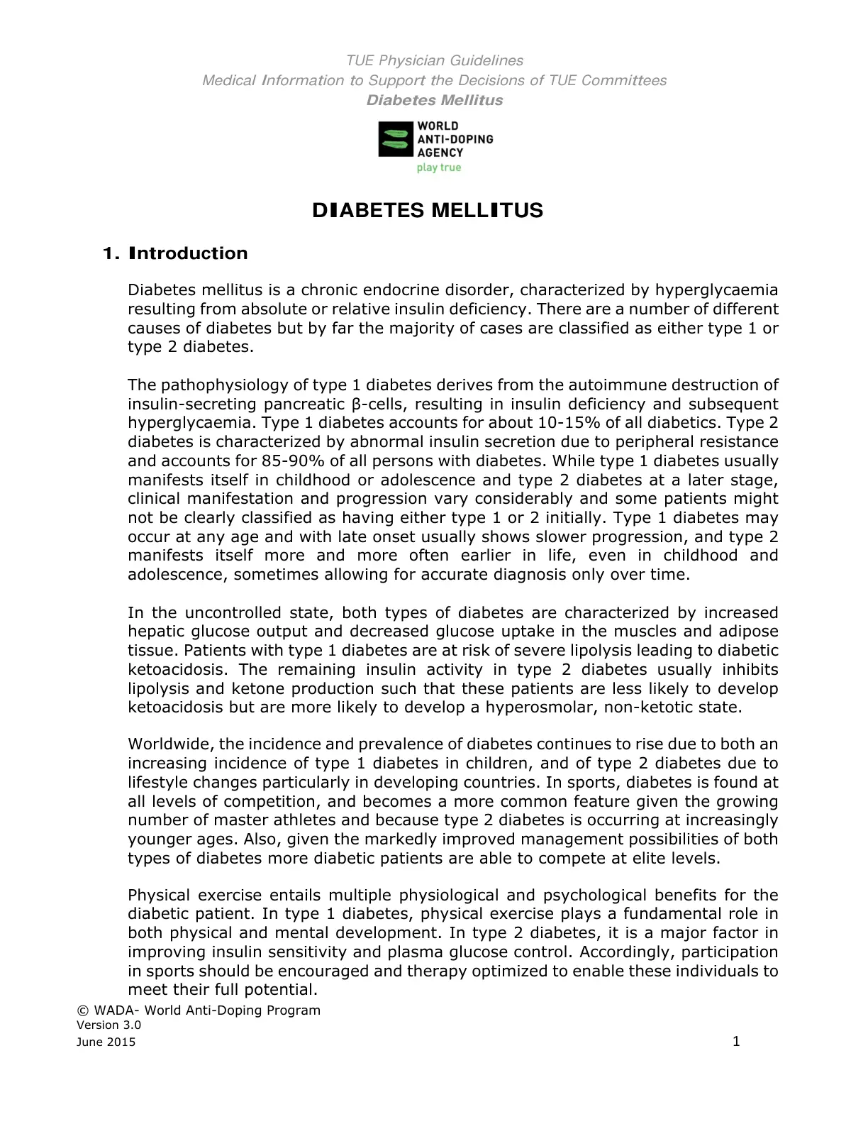 غلاف كتاب Guidelines Physician TUE Medical Information to Support the Decisions of TUE Committees Diabetes Mellitus
