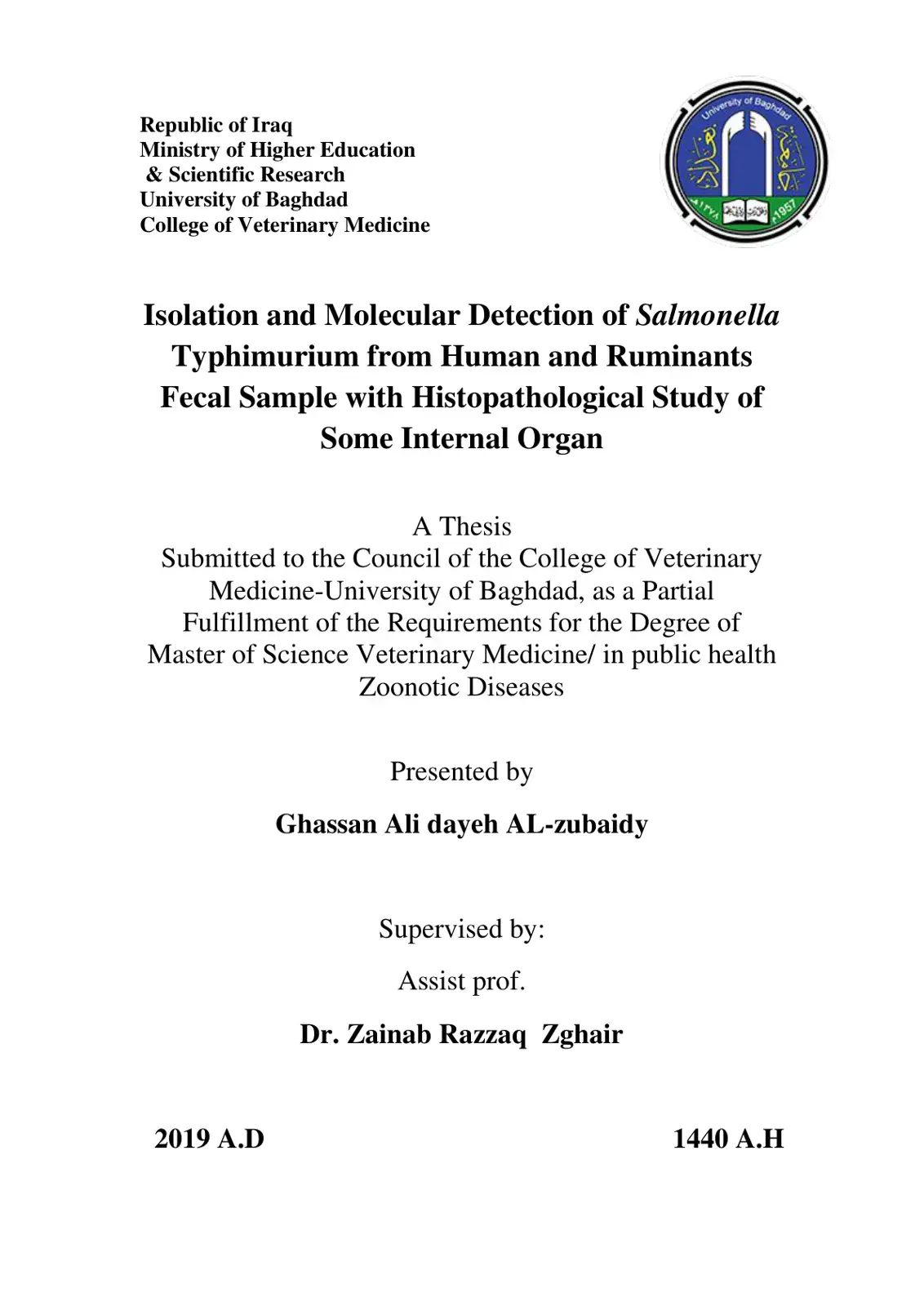 غلاف كتاب Isolation and Molecular Detection of Salmonella Typhimurium from Human and Ruminants Fecal Sample with Histopathological Study of Some Internal Organ