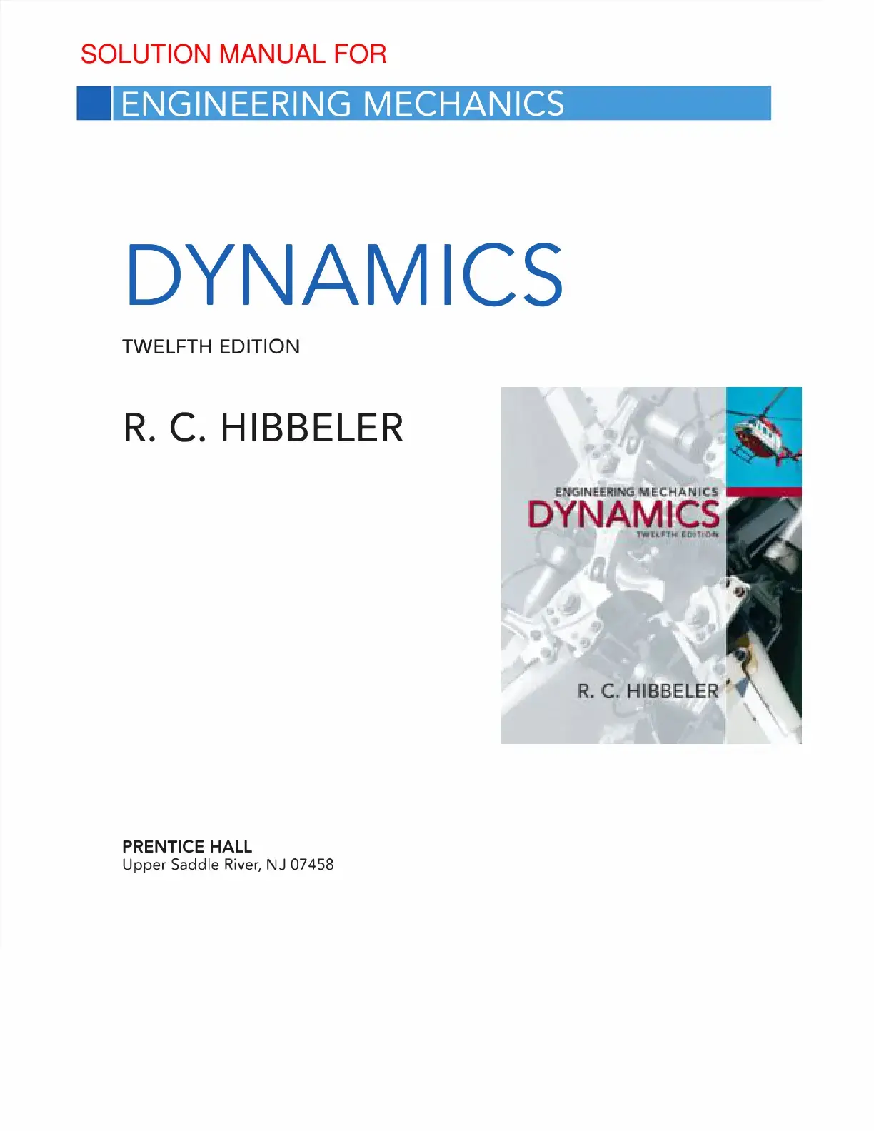غلاف كتاب SOLUTION MANUAL FOR ENGINEERING MECHANICS DYNAMICS