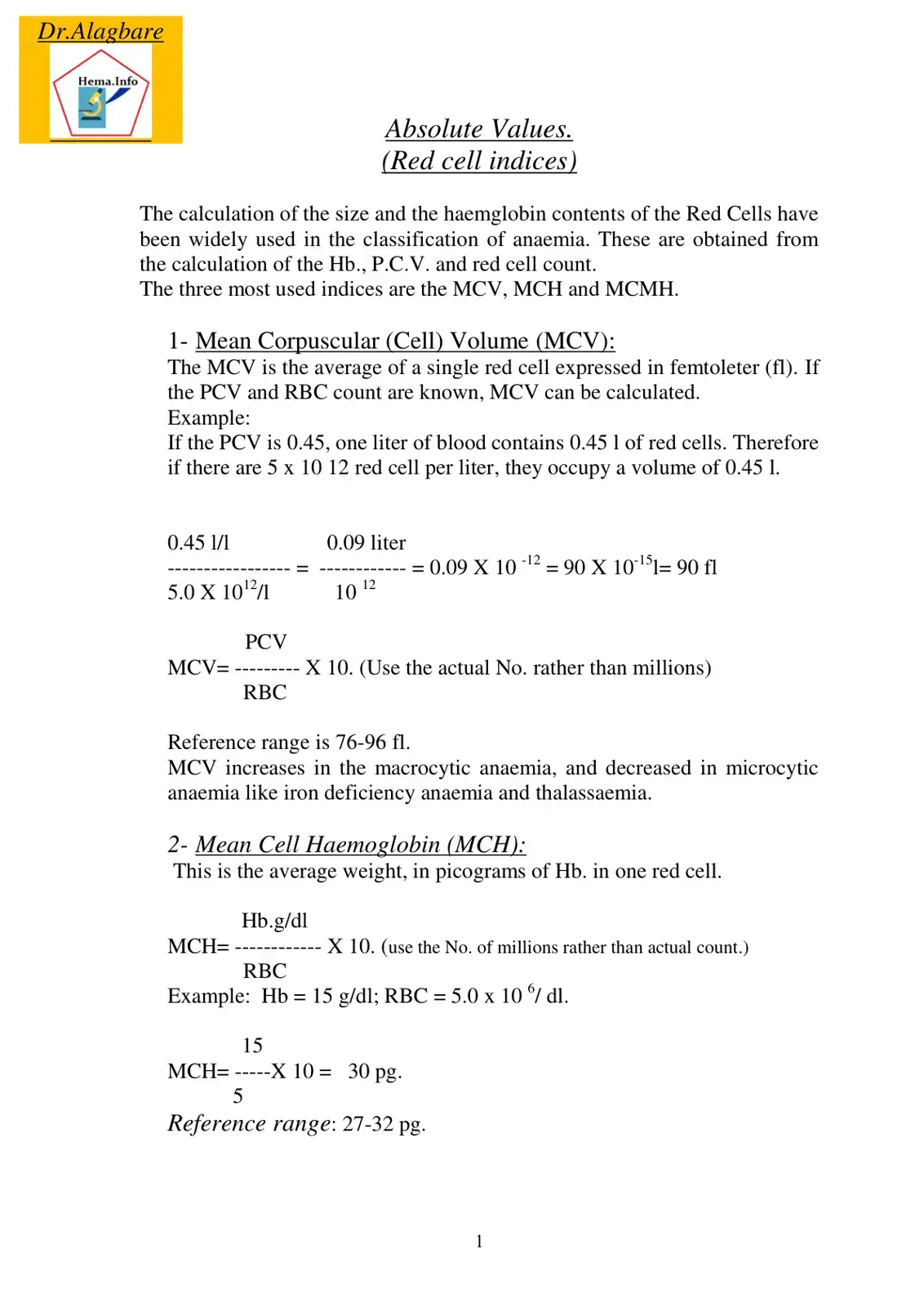 غلاف كتاب Absolute Values (Red cell indices)