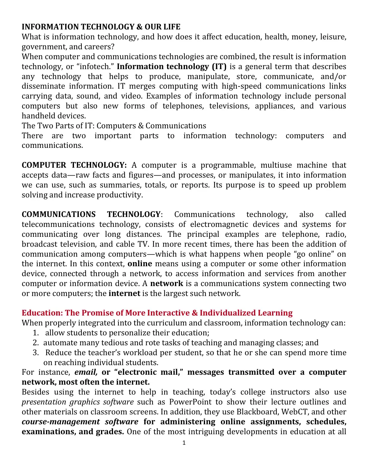 غلاف كتاب INFORMATION TECHNOLOGY & OUR LIFE