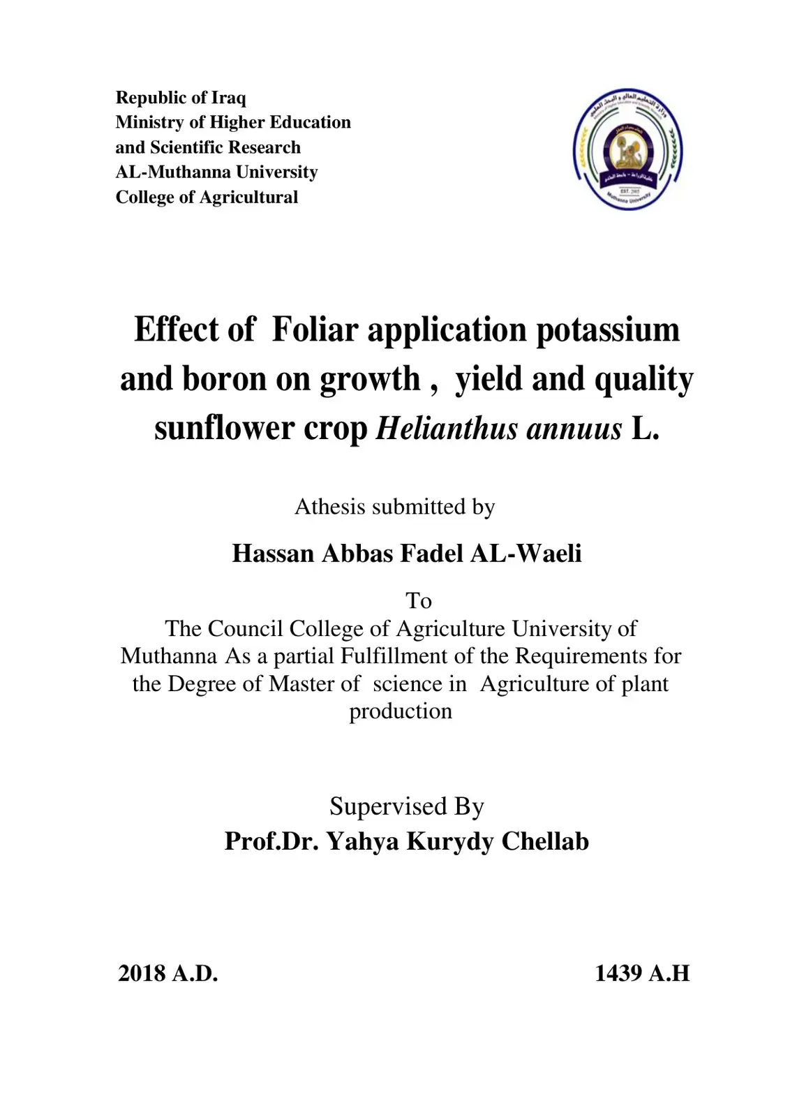 غلاف كتاب Effect of Foliar application potassium and boron on growth, yield and quality sunflower crop Helianthus annuus L.