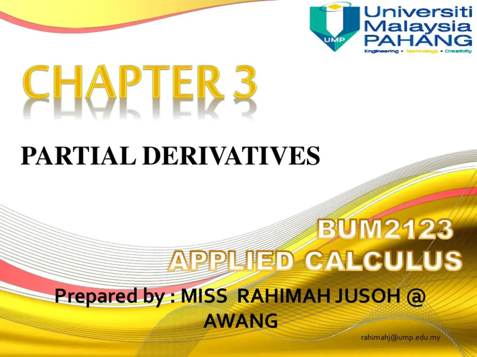 غلاف كتاب CHAPTER 3 PARTIAL DERIVATIVES - BUM2123 APPLIED CALCULUS