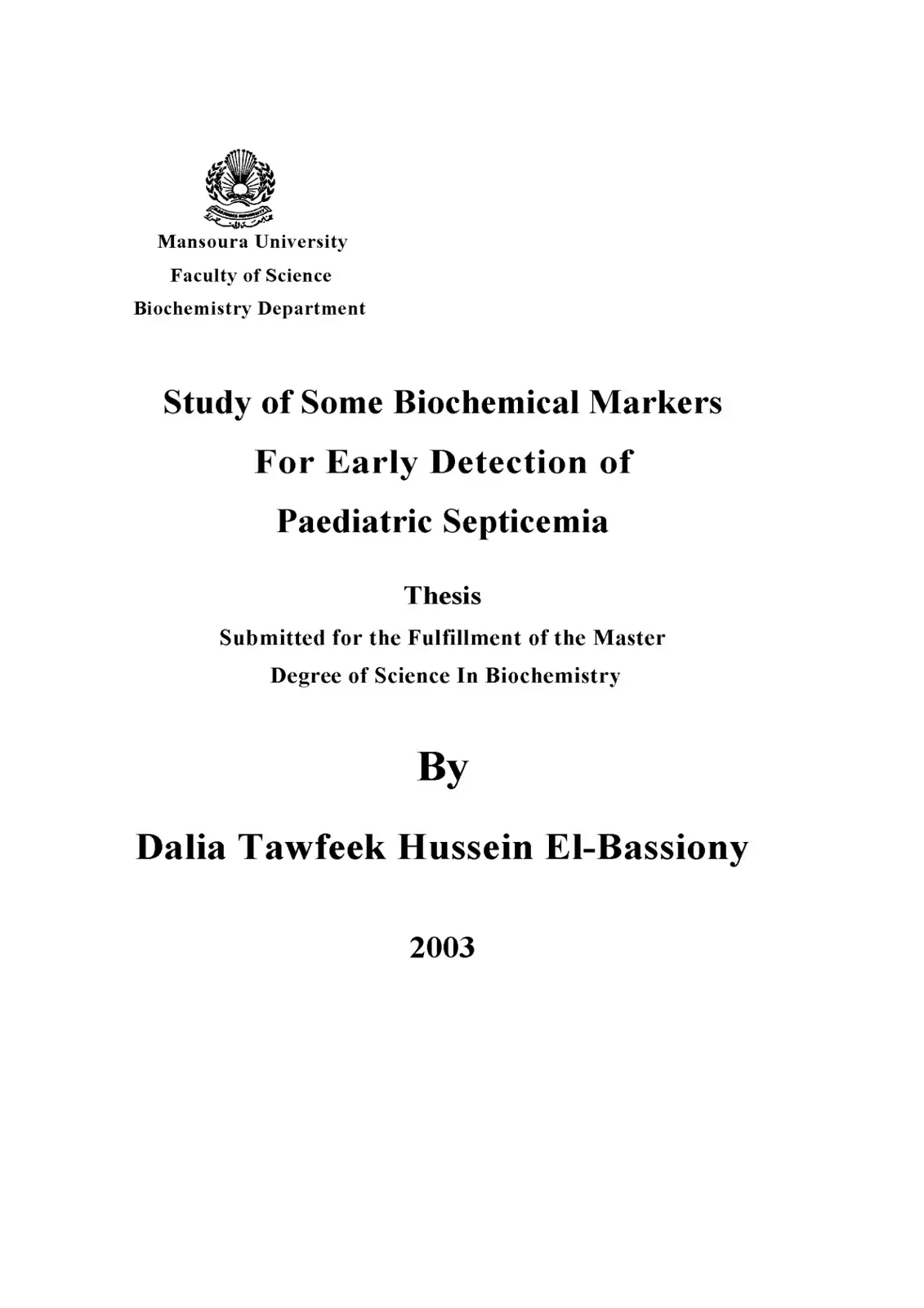 غلاف كتاب Study of Some Biochemical Markers For Early Detection of Paediatric Septicemia