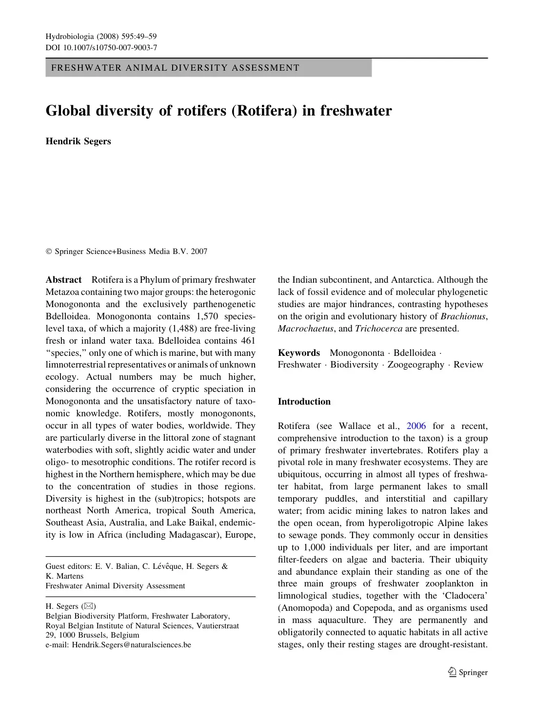 غلاف كتاب Global diversity of rotifers (Rotifera) in freshwater