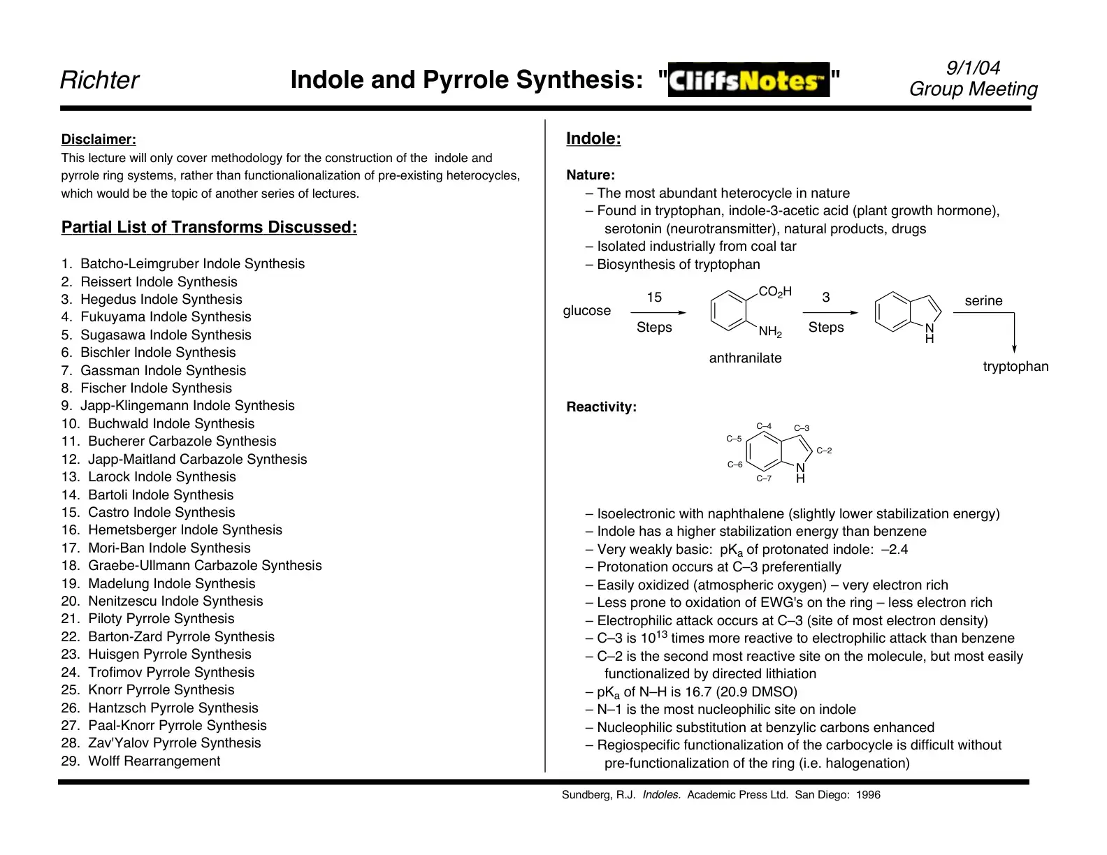 غلاف كتاب Indole and Pyrrole Synthesis: "CliffsNotes" Group Meeting