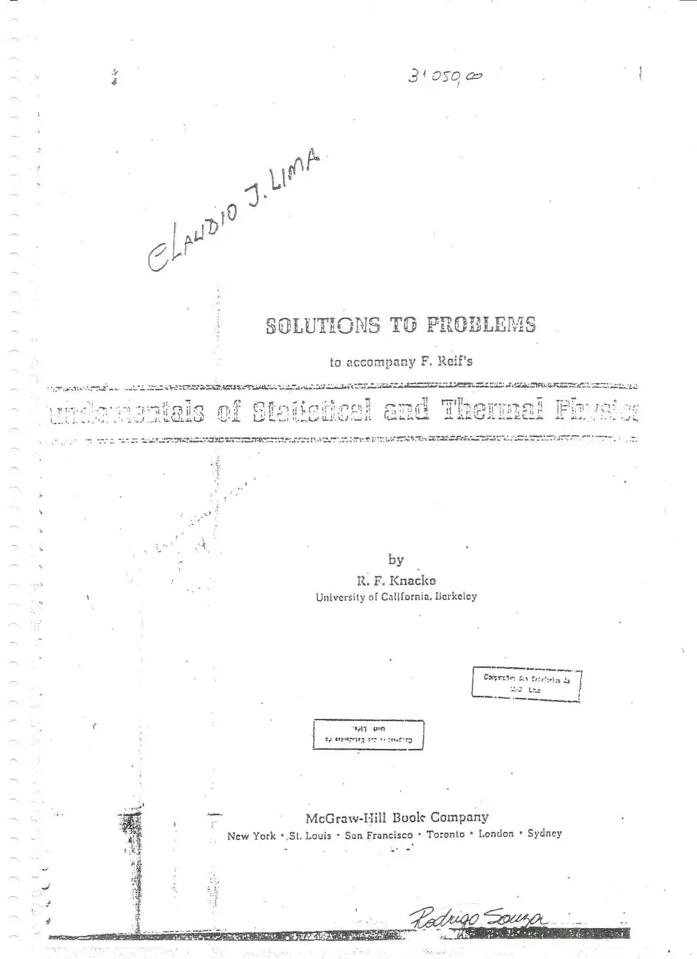 غلاف كتاب SOLUTIONS TO PROBLEMS to accompany F. Reif's Fundamentals of Statistical and Thermal Physics