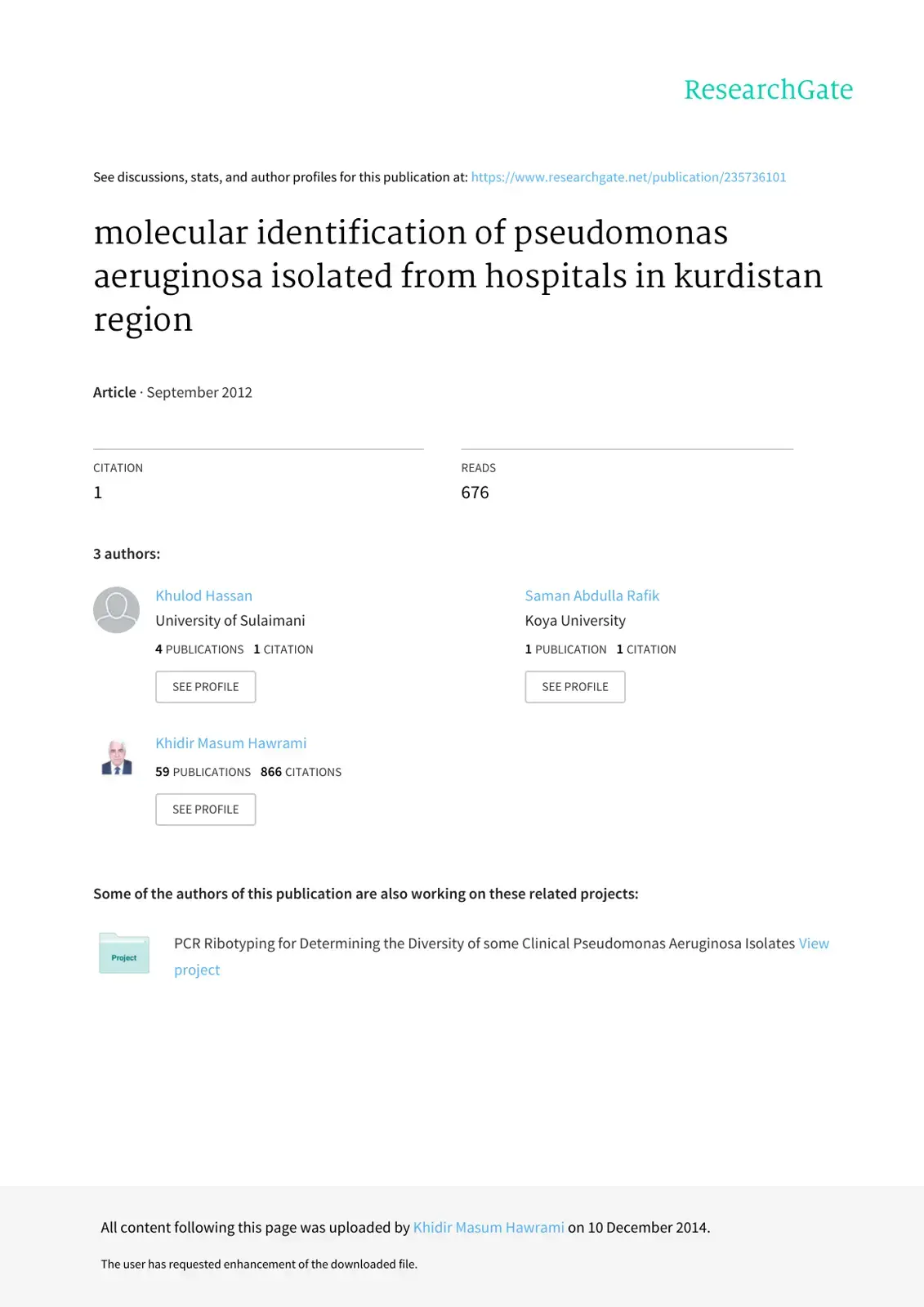 غلاف كتاب molecular identification of pseudomonas aeruginosa isolated from hospitals in kurdistan region