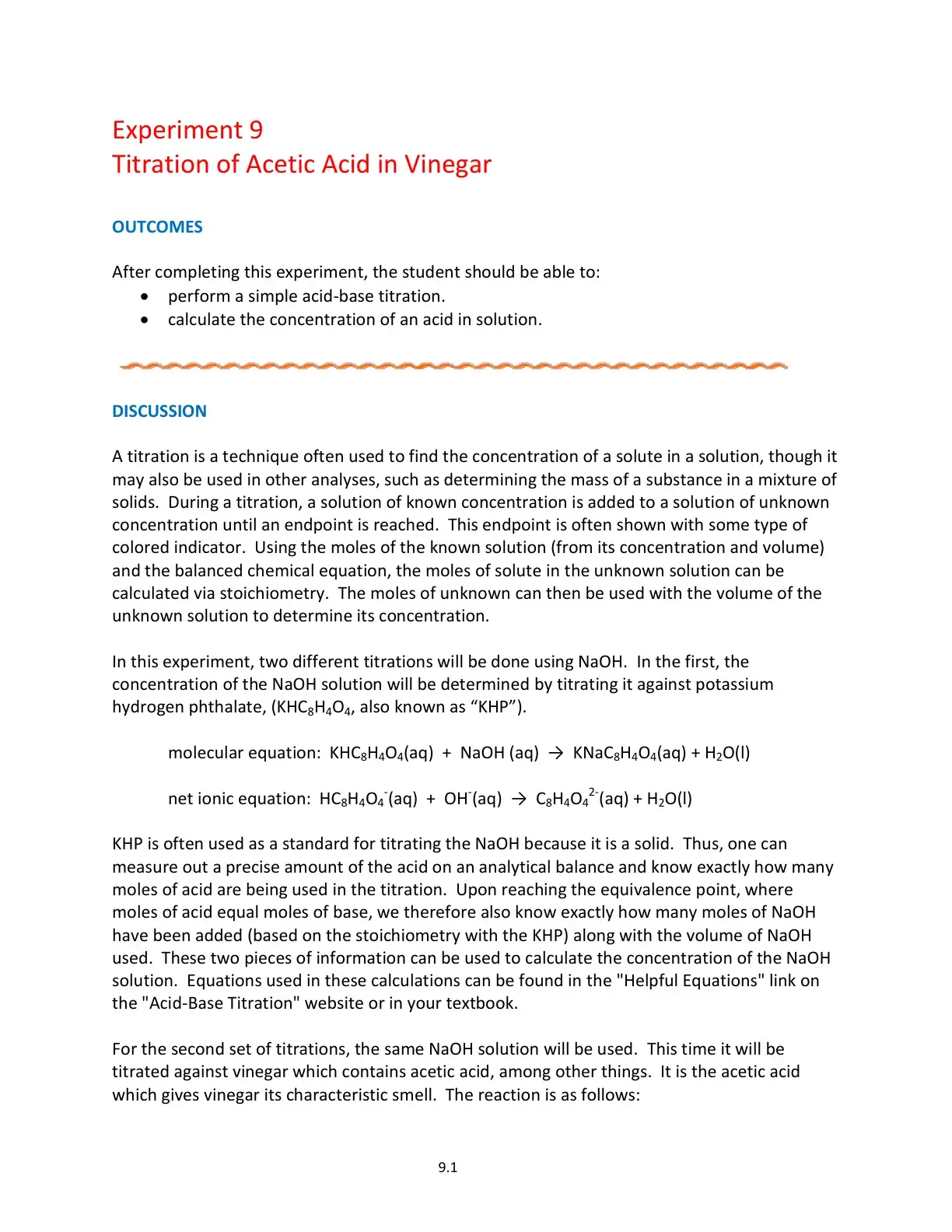 غلاف كتاب Experiment 9 Titration of Acetic Acid in Vinegar