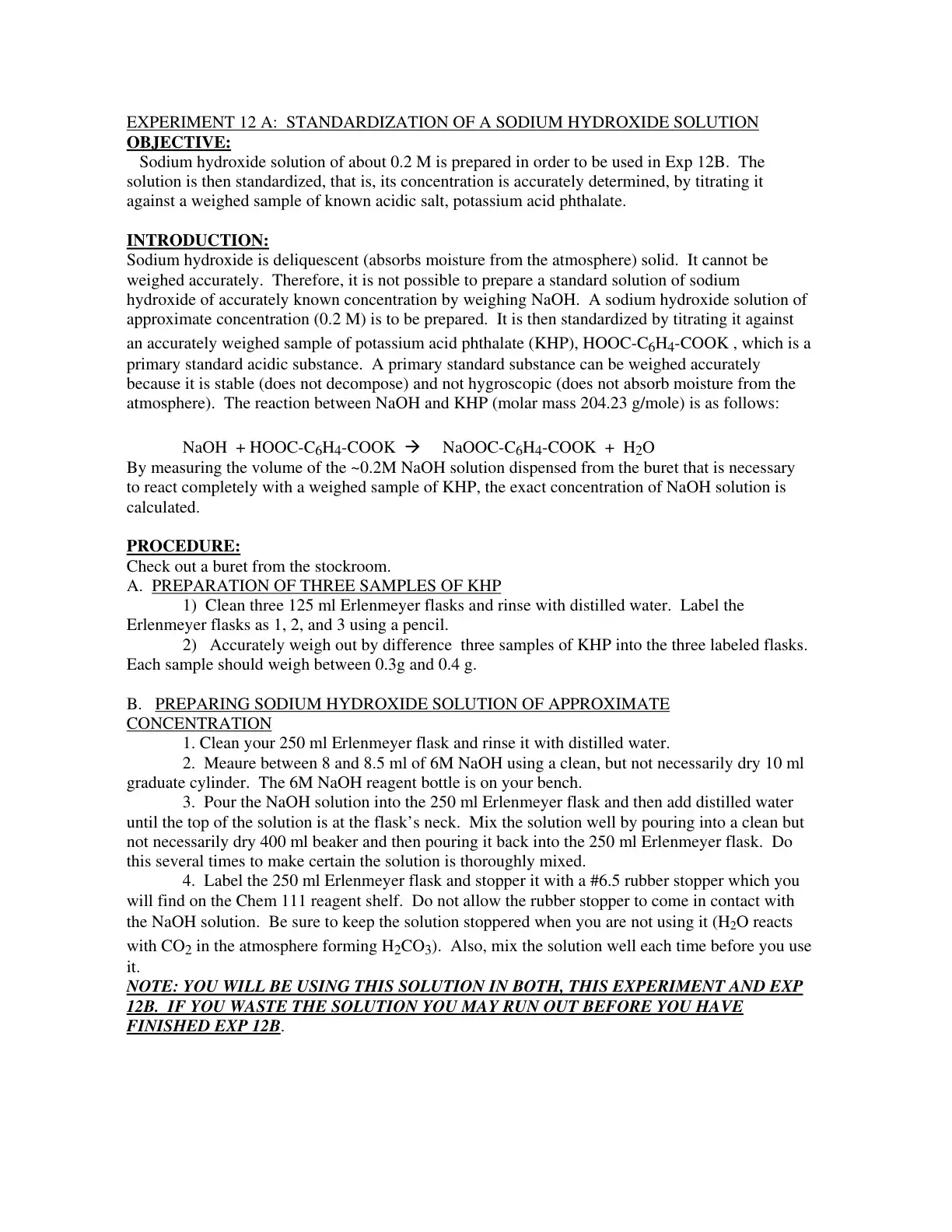 غلاف كتاب EXPERIMENT 12 A: STANDARDIZATION OF A SODIUM HYDROXIDE SOLUTION