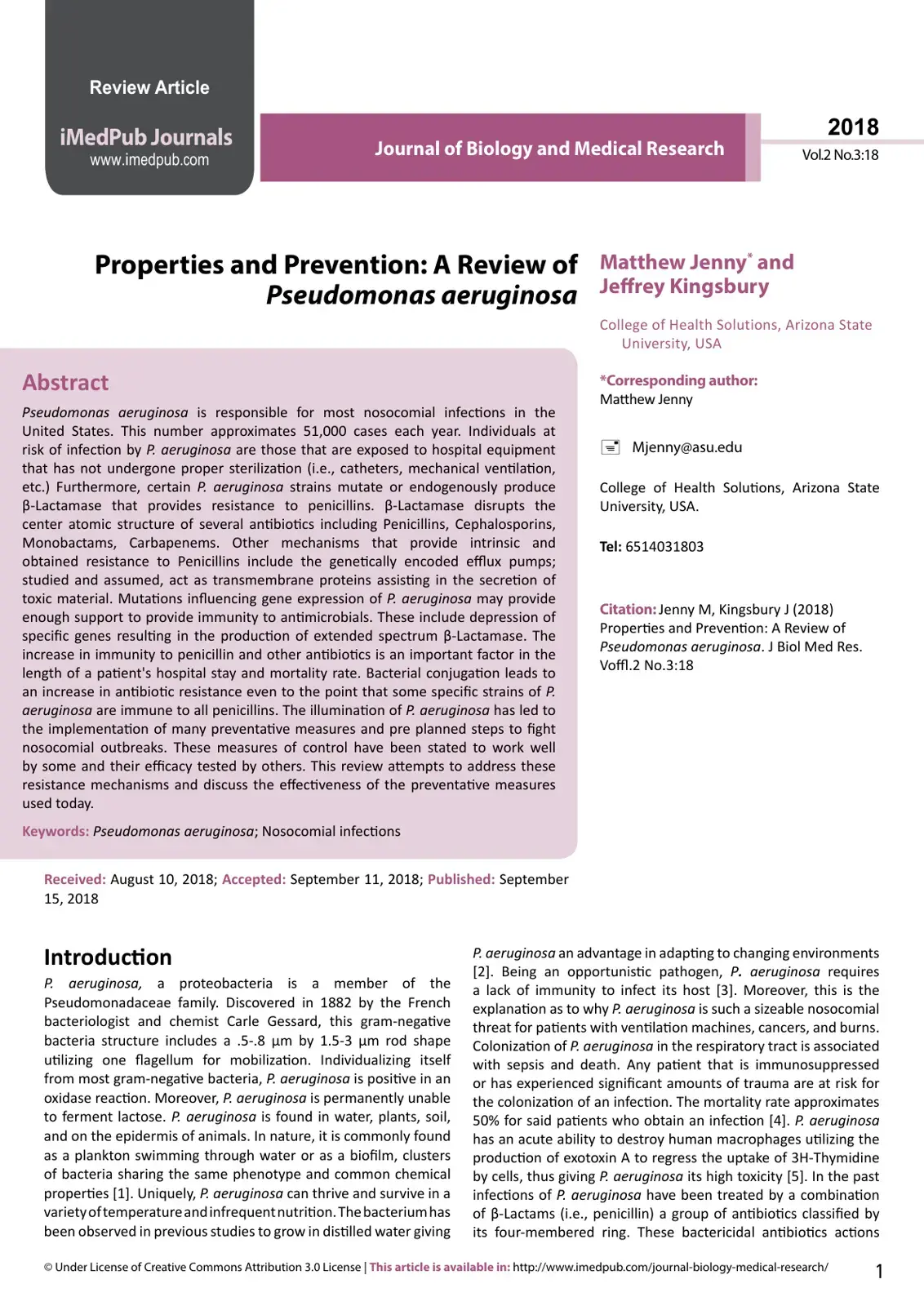 غلاف كتاب Properties and Prevention: A Review of Pseudomonas aeruginosa
