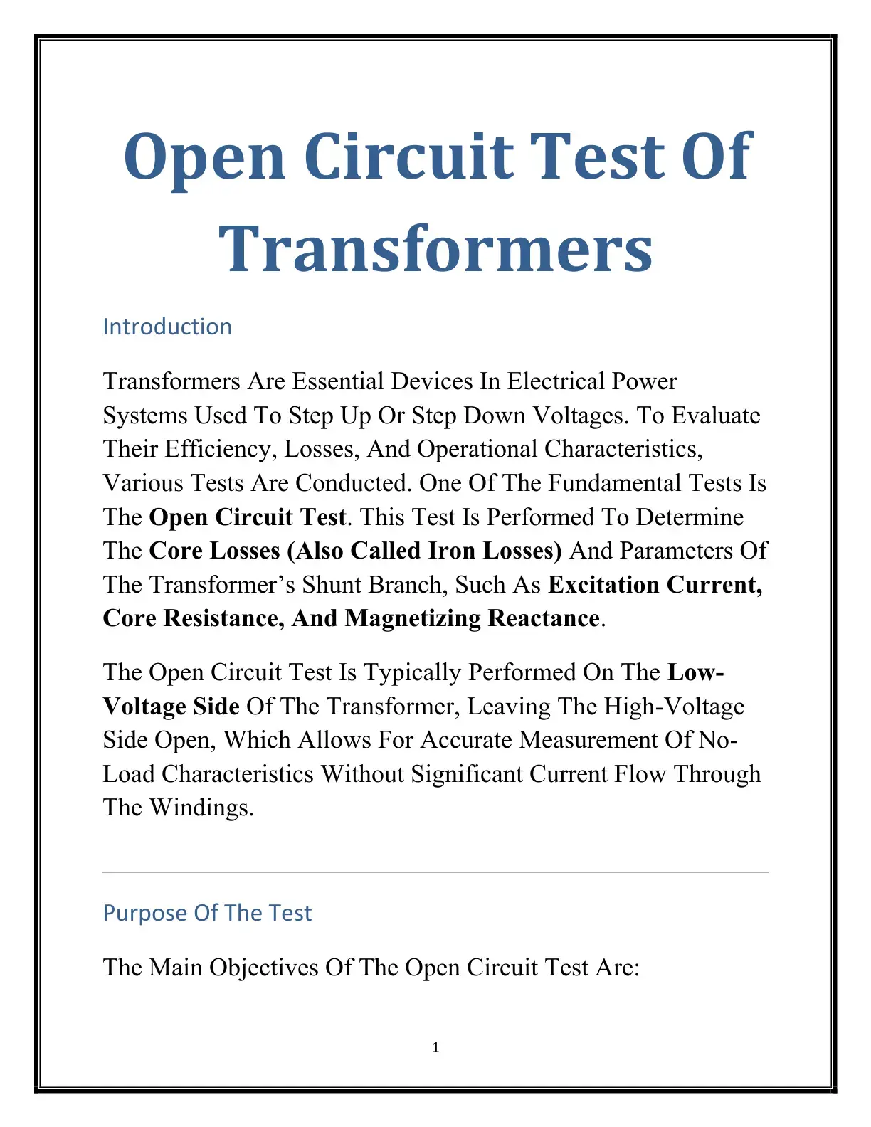 غلاف كتاب Open Circuit Test Of Transformers