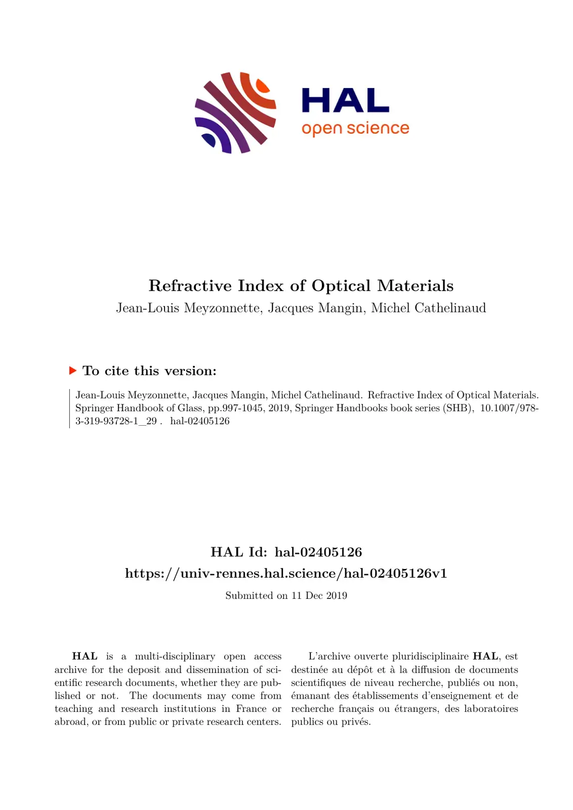 غلاف كتاب Refractive Index of Optical Materials