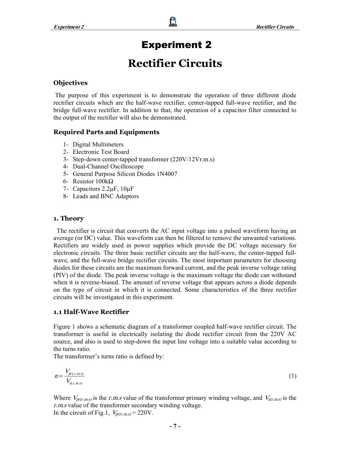 غلاف كتاب Rectifier Circuits (Experiment 2)