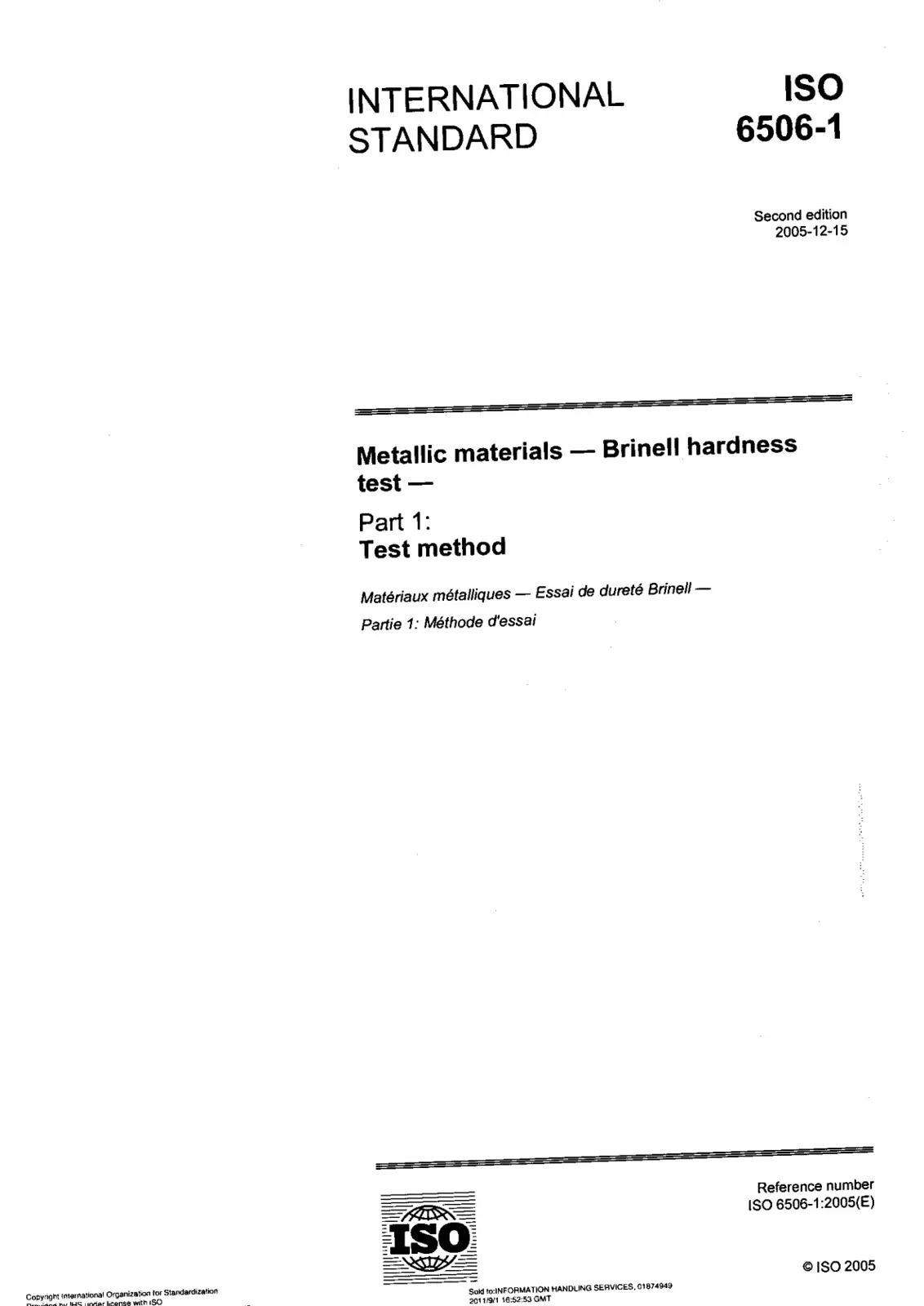 غلاف كتاب ISO 6506-1 Metallic materials - Brinell hardness test Part 1: Test method
