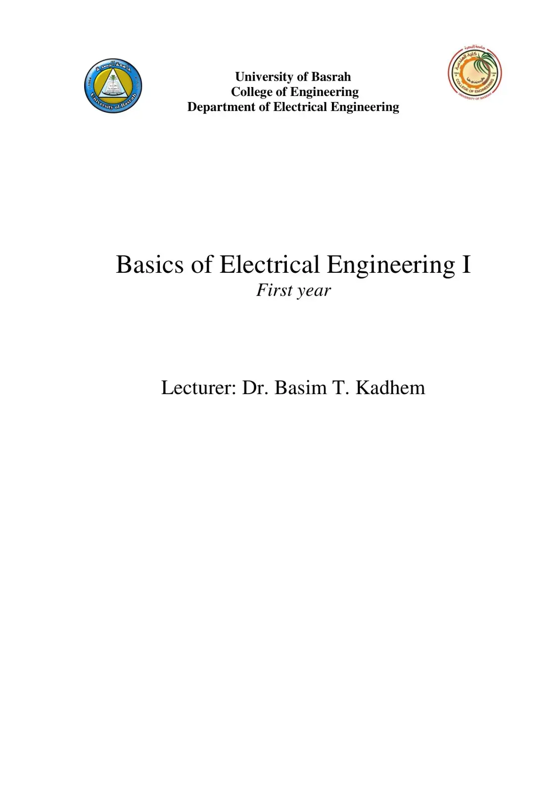غلاف كتاب Basics of Electrical Engineering I