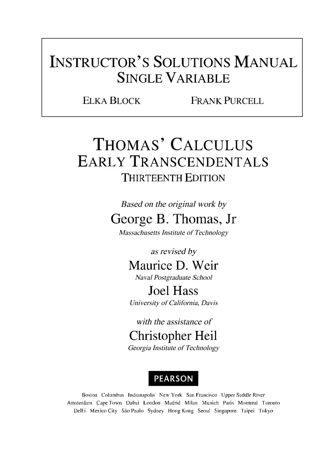 غلاف كتاب INSTRUCTOR'S SOLUTIONS MANUAL SINGLE VARIABLE THOMAS' CALCULUS EARLY TRANSCENDENTALS