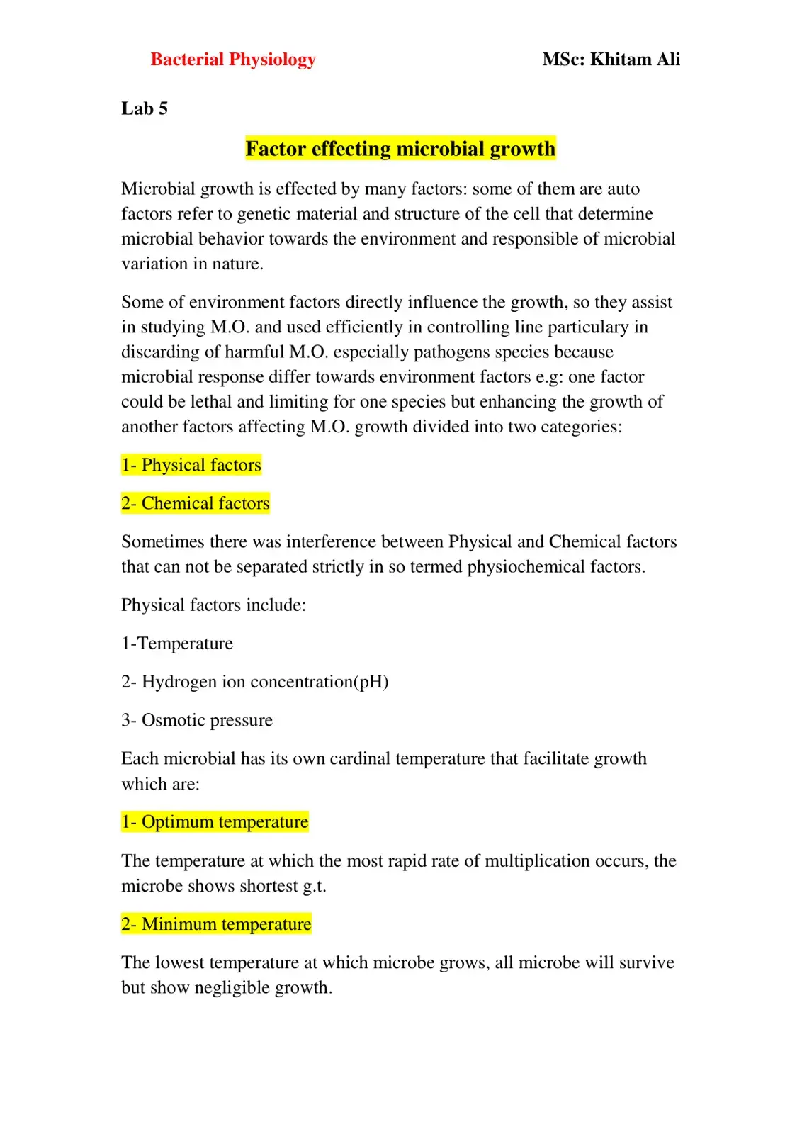 غلاف كتاب Bacterial Physiology Lab 5: Factor Effecting Microbial Growth