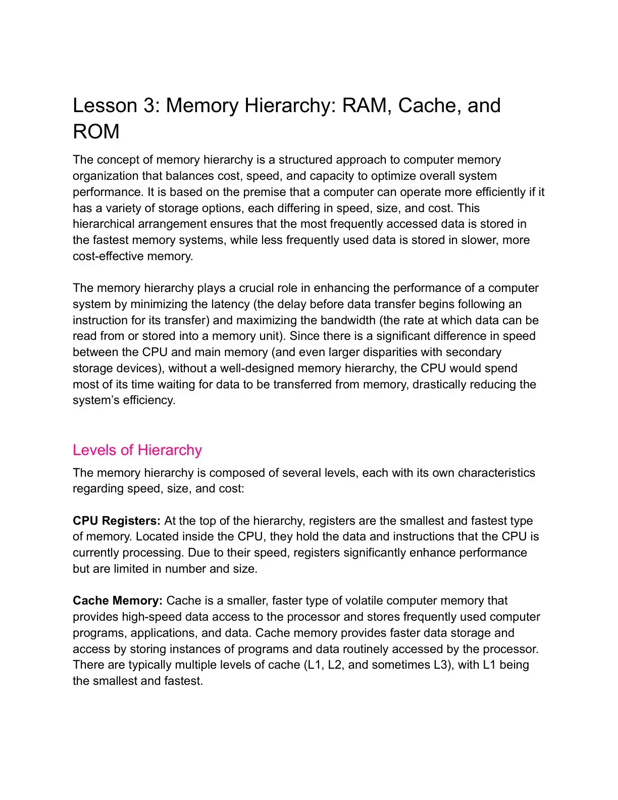 غلاف كتاب Memory Hierarchy: RAM, Cache, and ROM