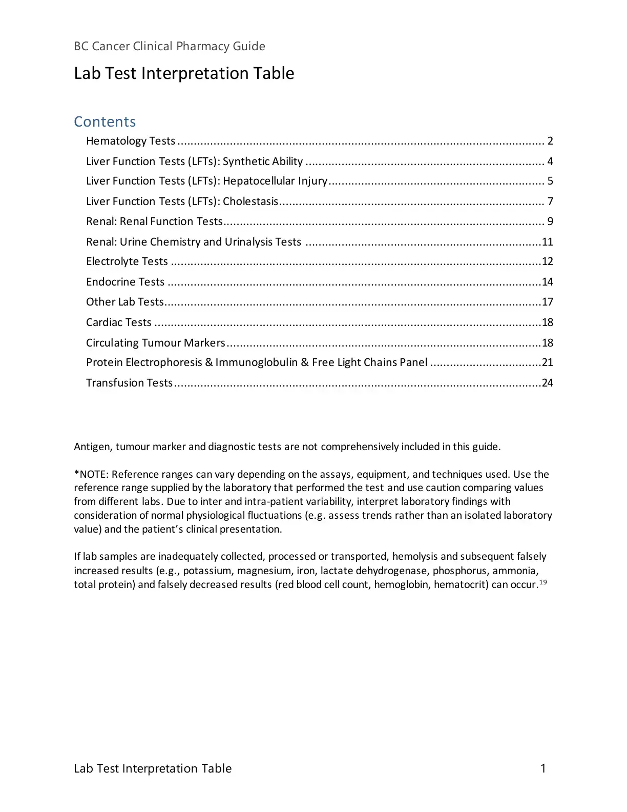 غلاف كتاب BC Cancer Clinical Pharmacy Guide: Lab Test Interpretation Table