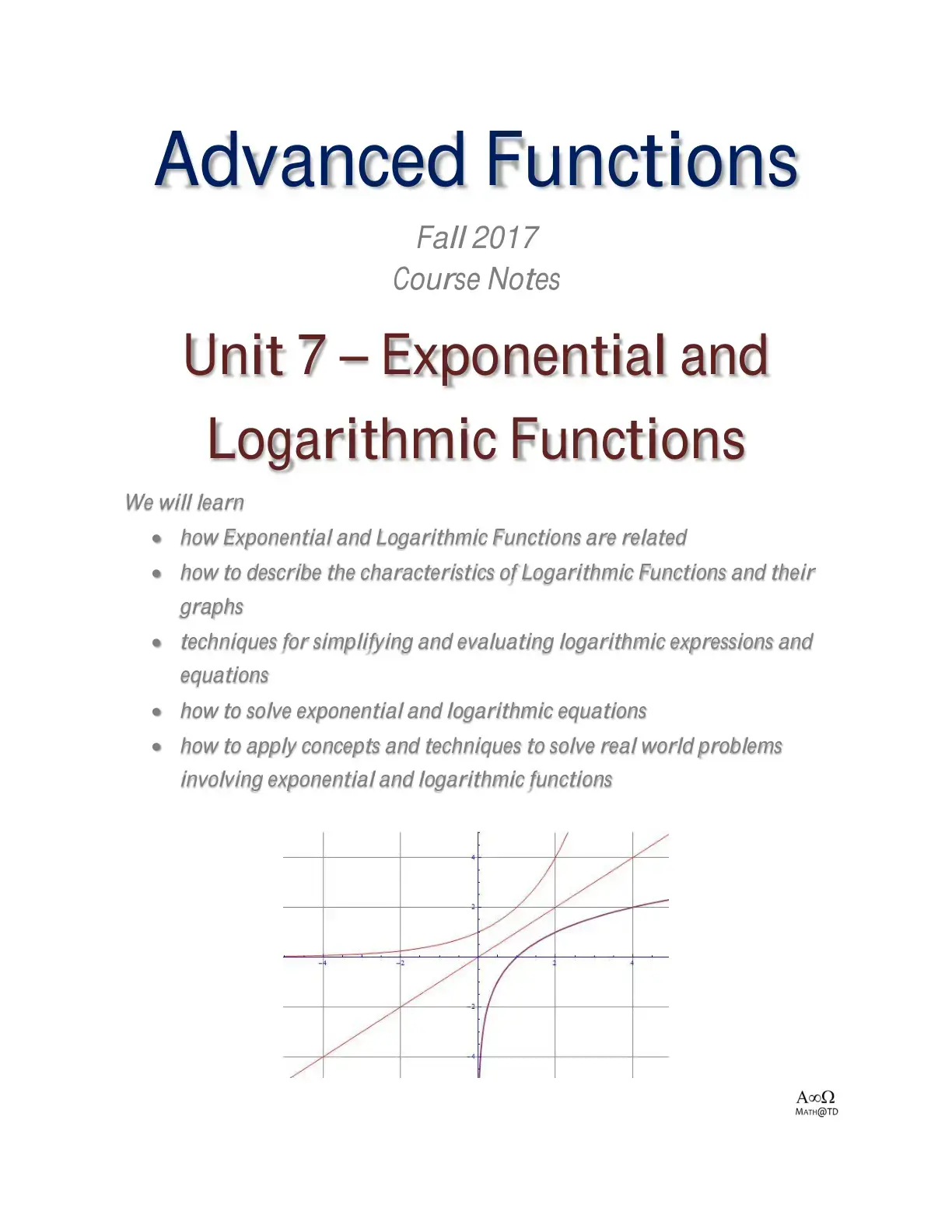 غلاف كتاب Advanced Functions Fall 2017 Course Notes Unit 7 - Exponential and Logarithmic Functions