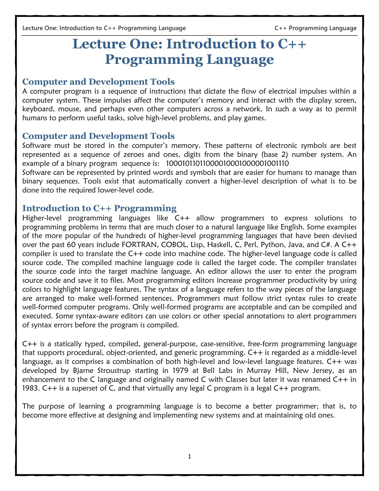 غلاف كتاب Lecture One: Introduction to C++ Programming Language