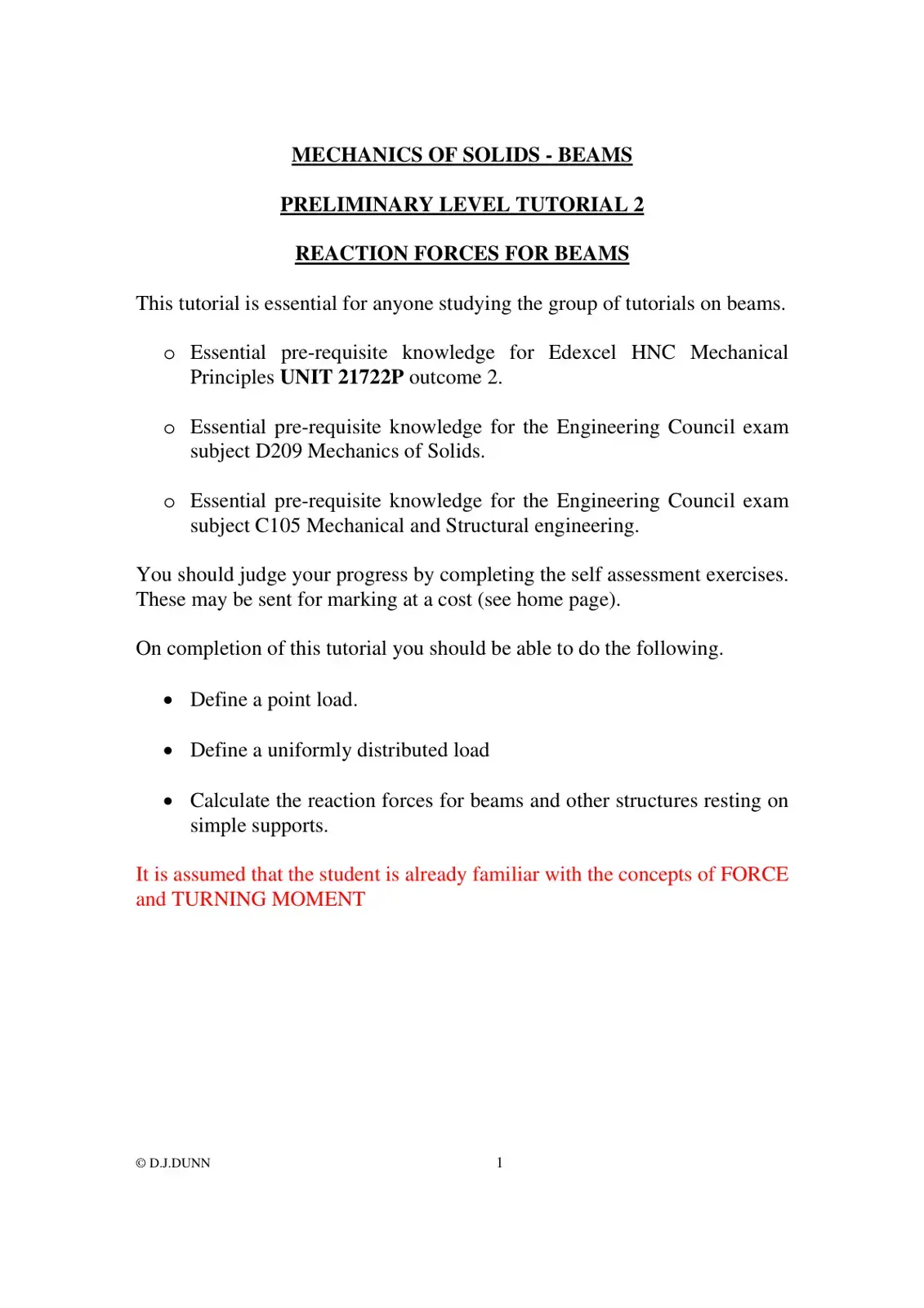 غلاف كتاب Mechanics of Solids Beams - Preliminary Level Tutorial 2: Reaction Forces for Beams