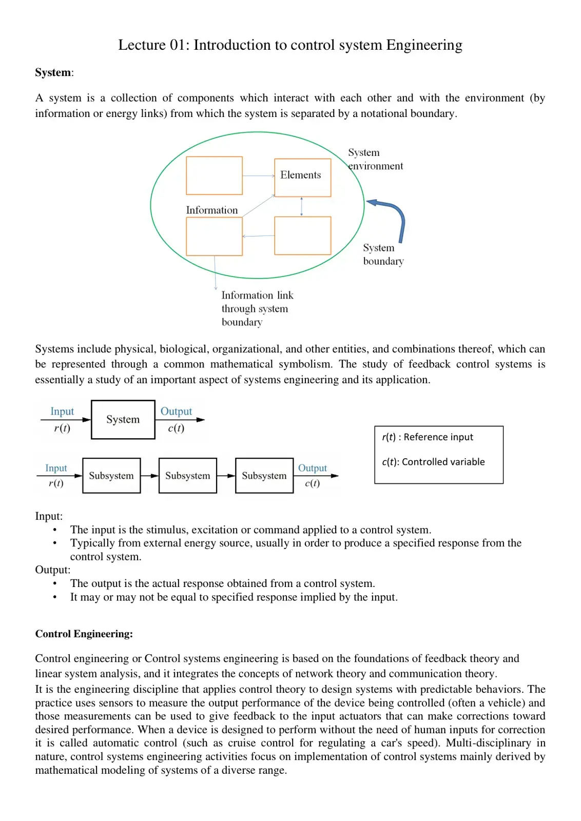 غلاف كتاب Lecture 01: Introduction to Control System Engineering