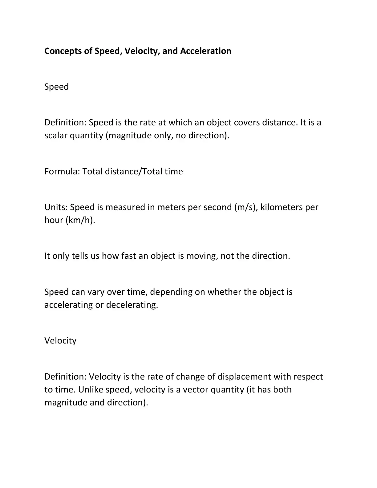 غلاف كتاب Concepts of Speed, Velocity, and Acceleration
