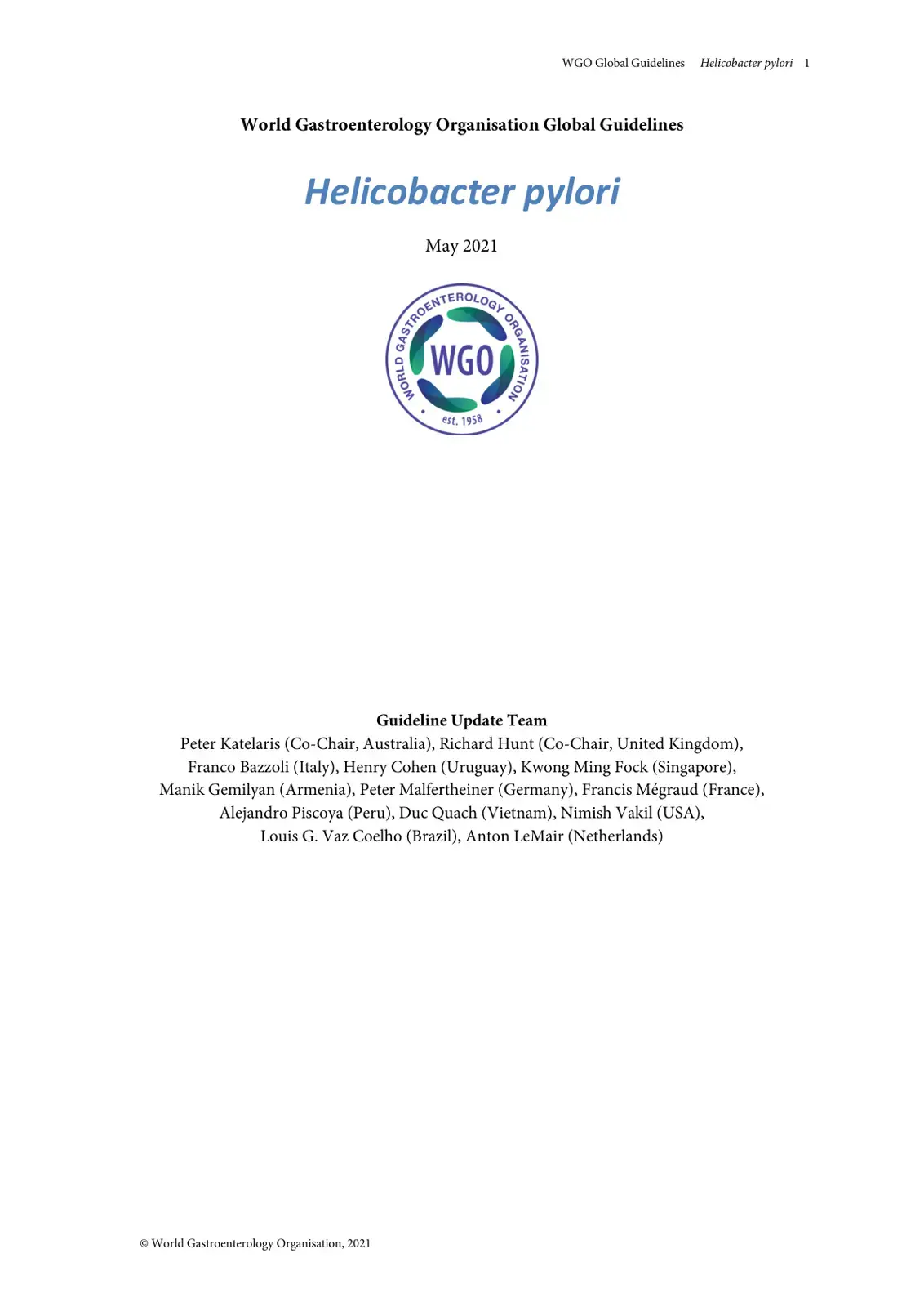غلاف كتاب WGO Global Guidelines Helicobacter pylori