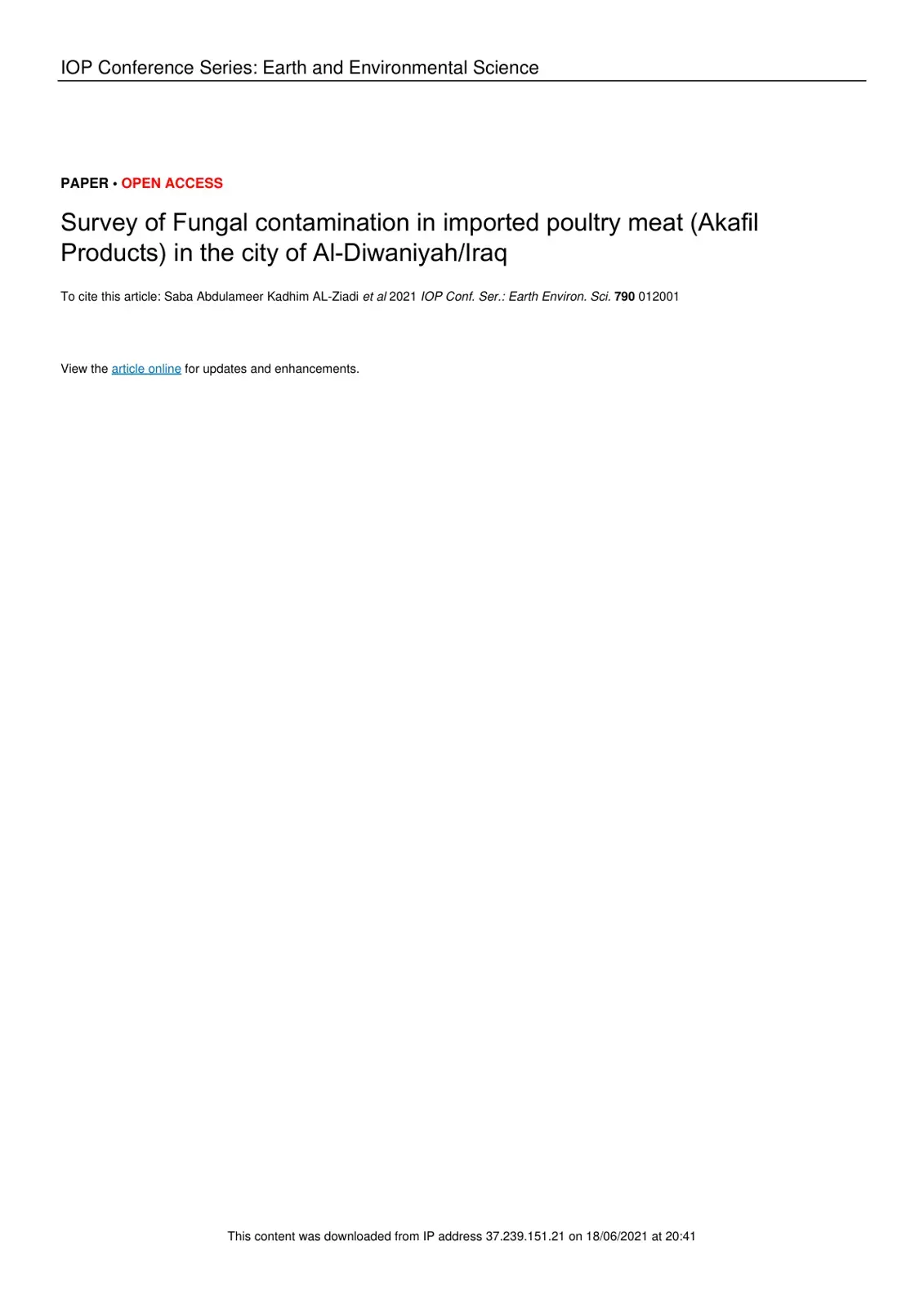 غلاف كتاب Survey of Fungal contamination in imported poultry meat (Akafil Products) in the city of Al-Diwaniyah/Iraq