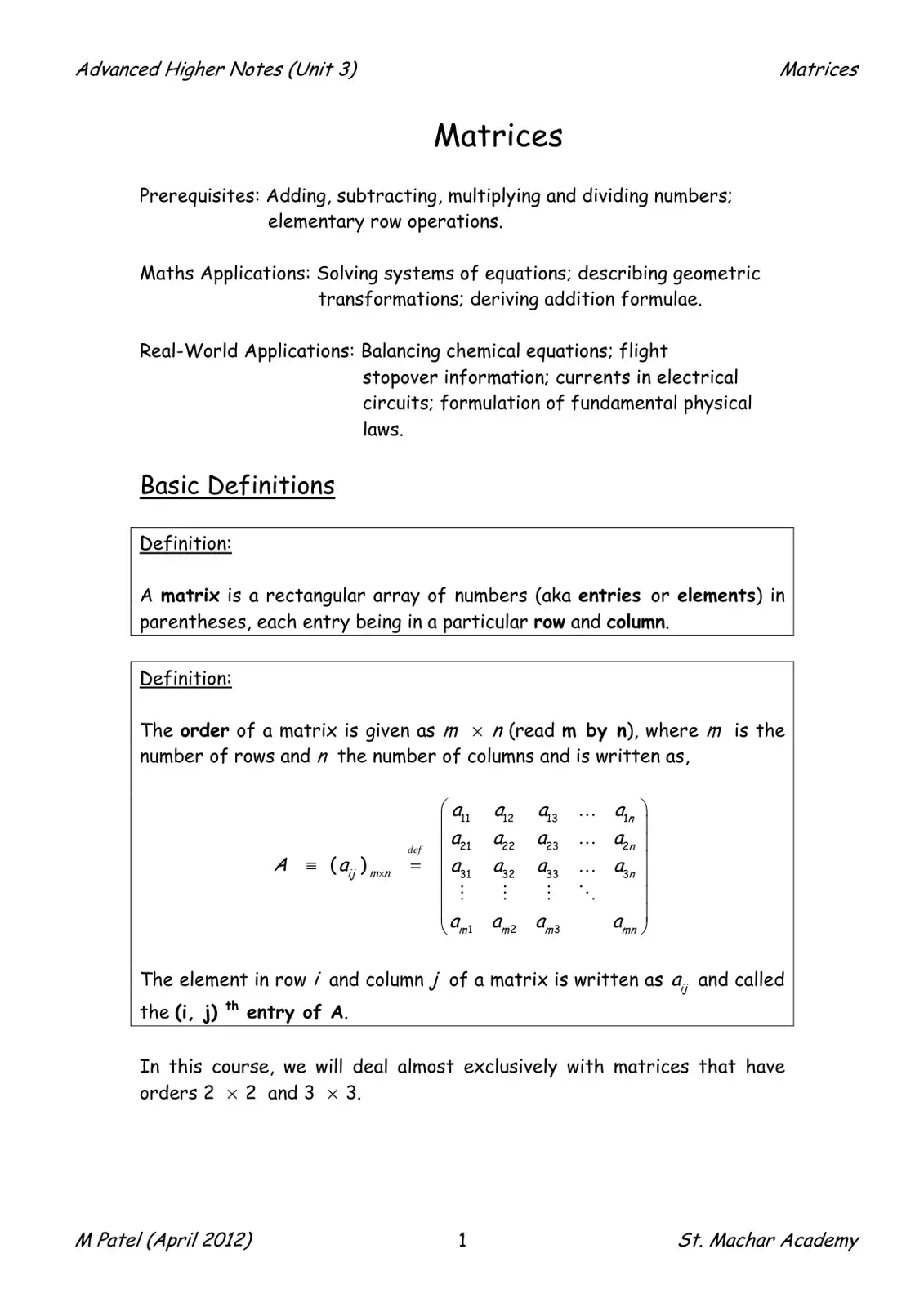 غلاف كتاب Advanced Higher Notes (Unit 3) Matrices