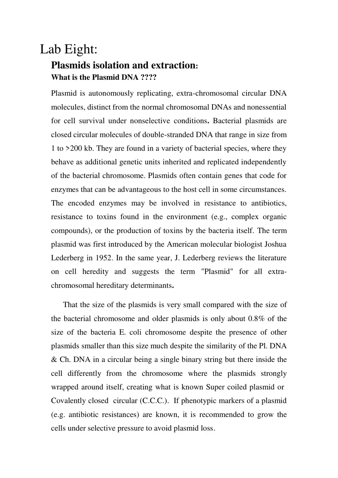 غلاف كتاب Lab Eight: Plasmids isolation and extraction: What is the Plasmid DNA ????