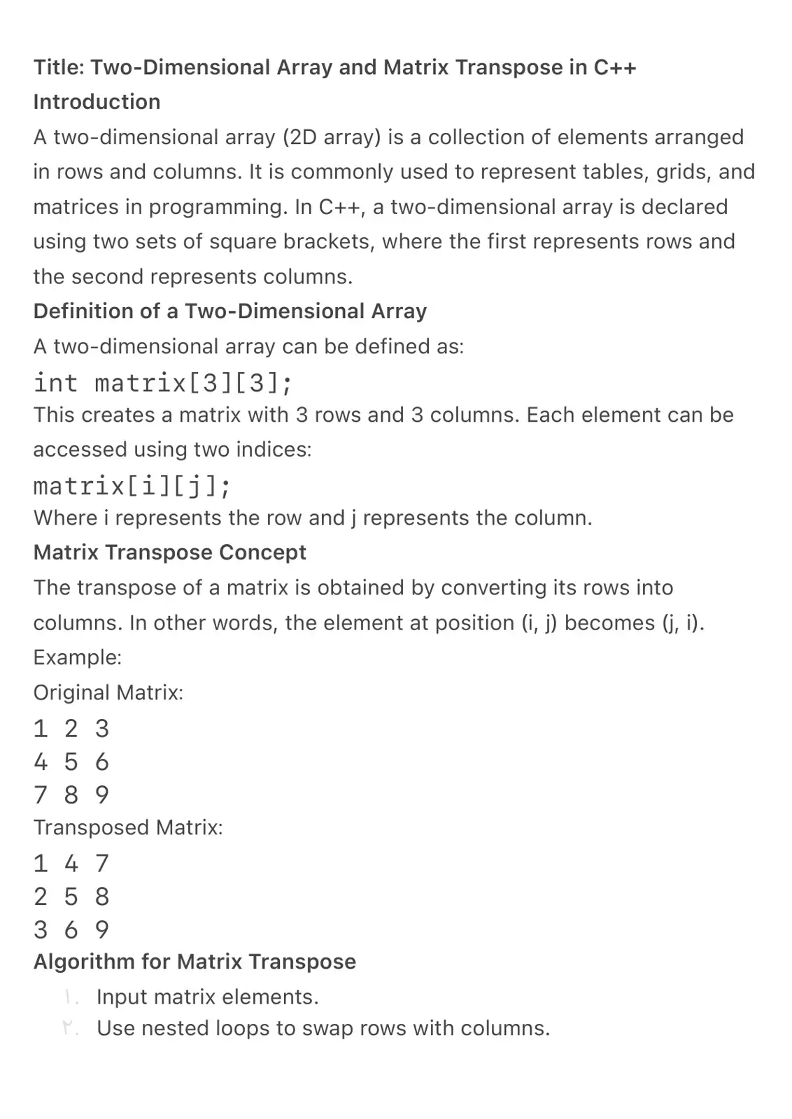 غلاف كتاب Two-Dimensional Array and Matrix Transpose in C++