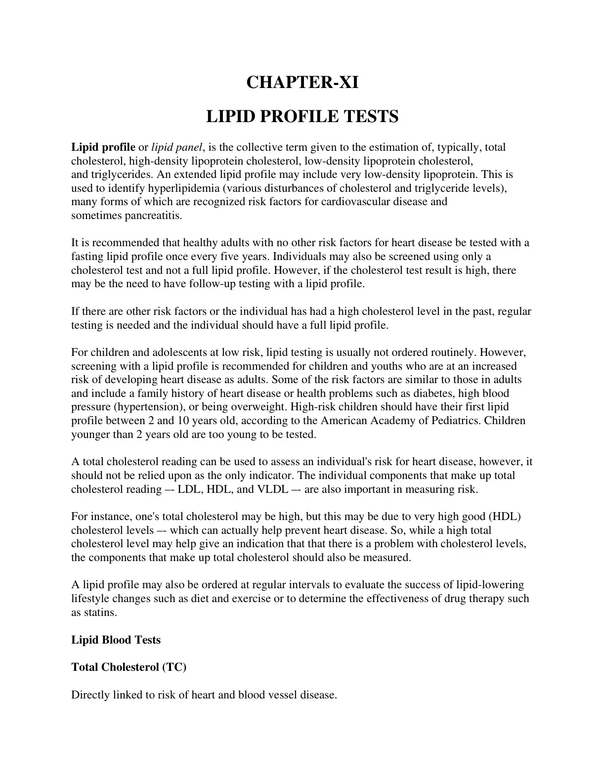 غلاف كتاب CHAPTER-XI LIPID PROFILE TESTS