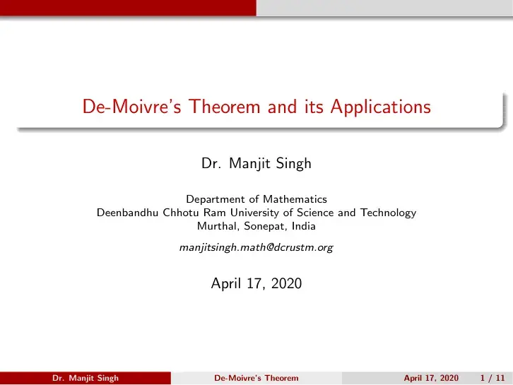 غلاف كتاب De Moivre's Theorem and its Applications