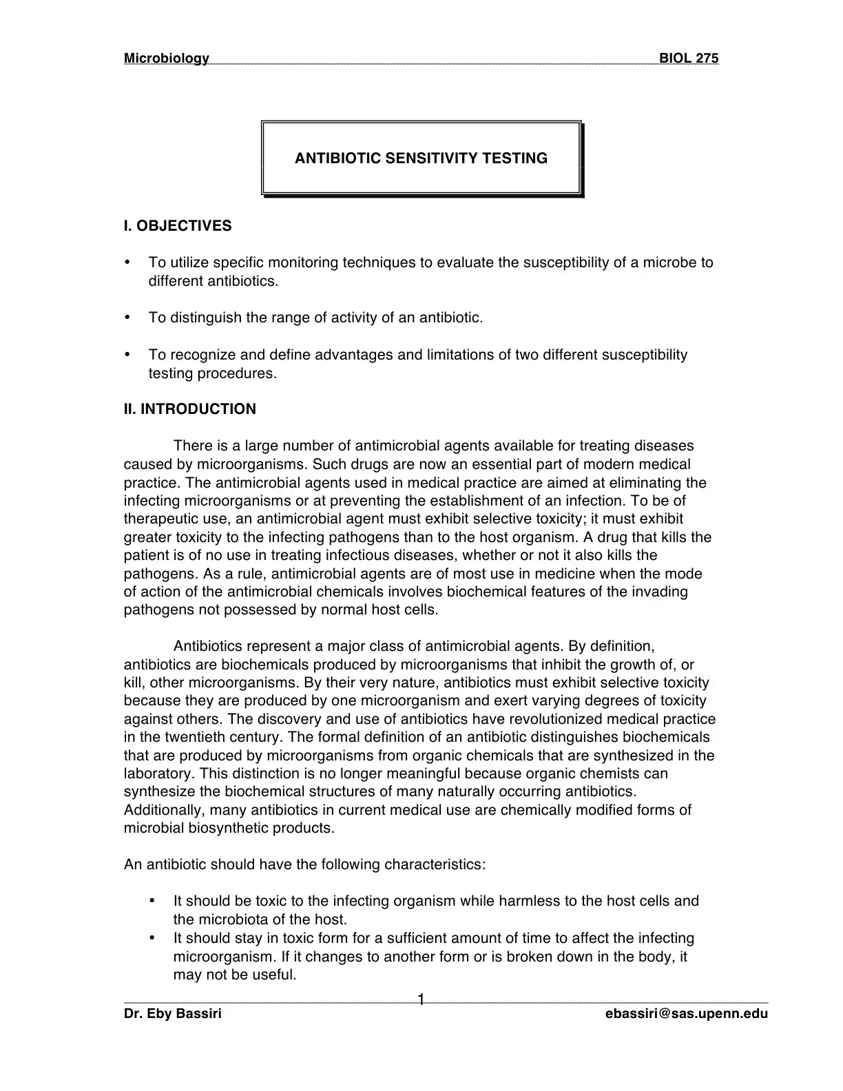 غلاف كتاب ANTIBIOTIC SENSITIVITY TESTING - BIOL 275